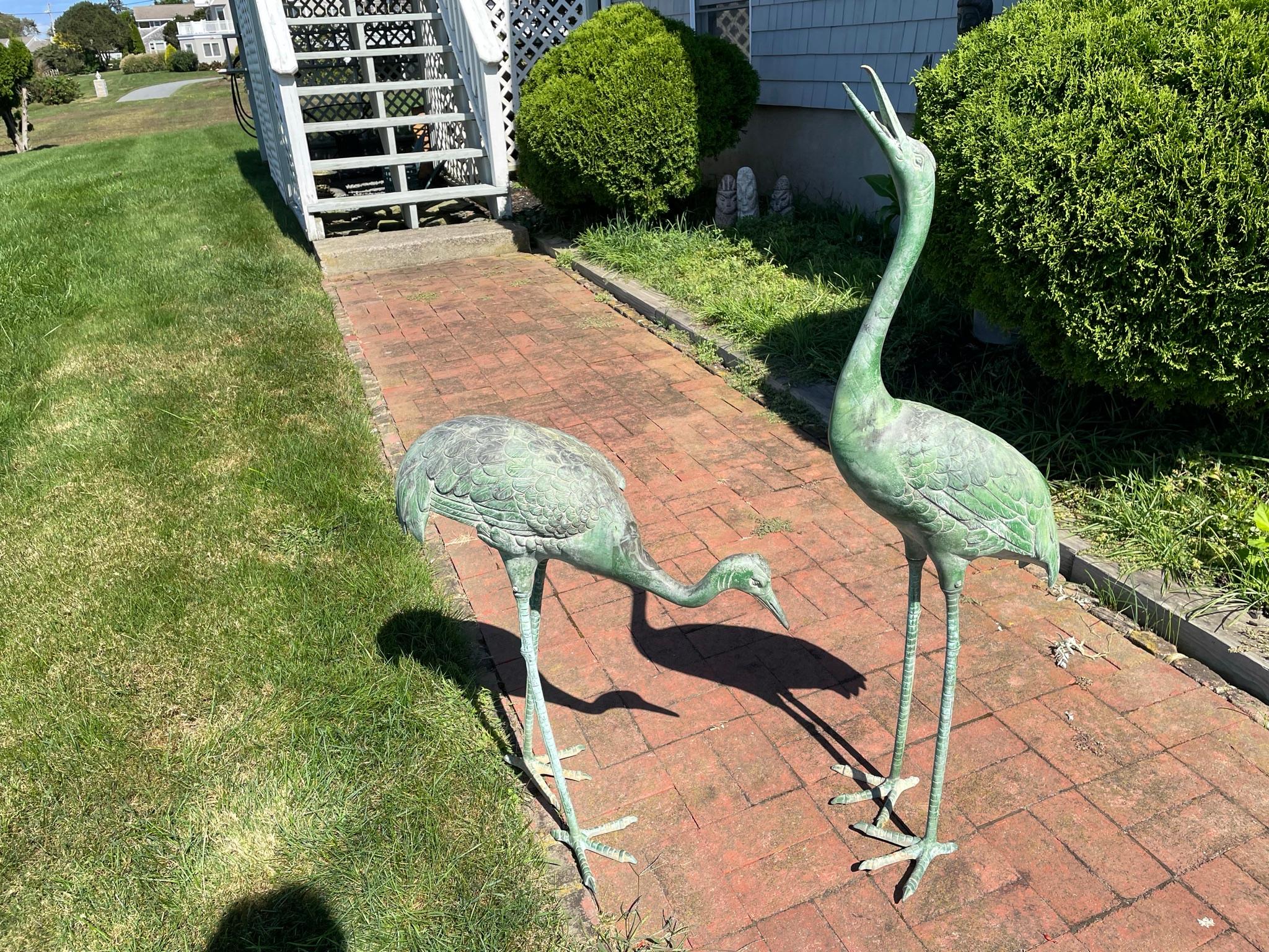 Japanese Pair Old Bronze Hand Cast Garden Cranes 4