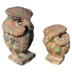 Japanese Pair Old Family Gilt Standing "Wise Old Owls" Lighting Lanterns