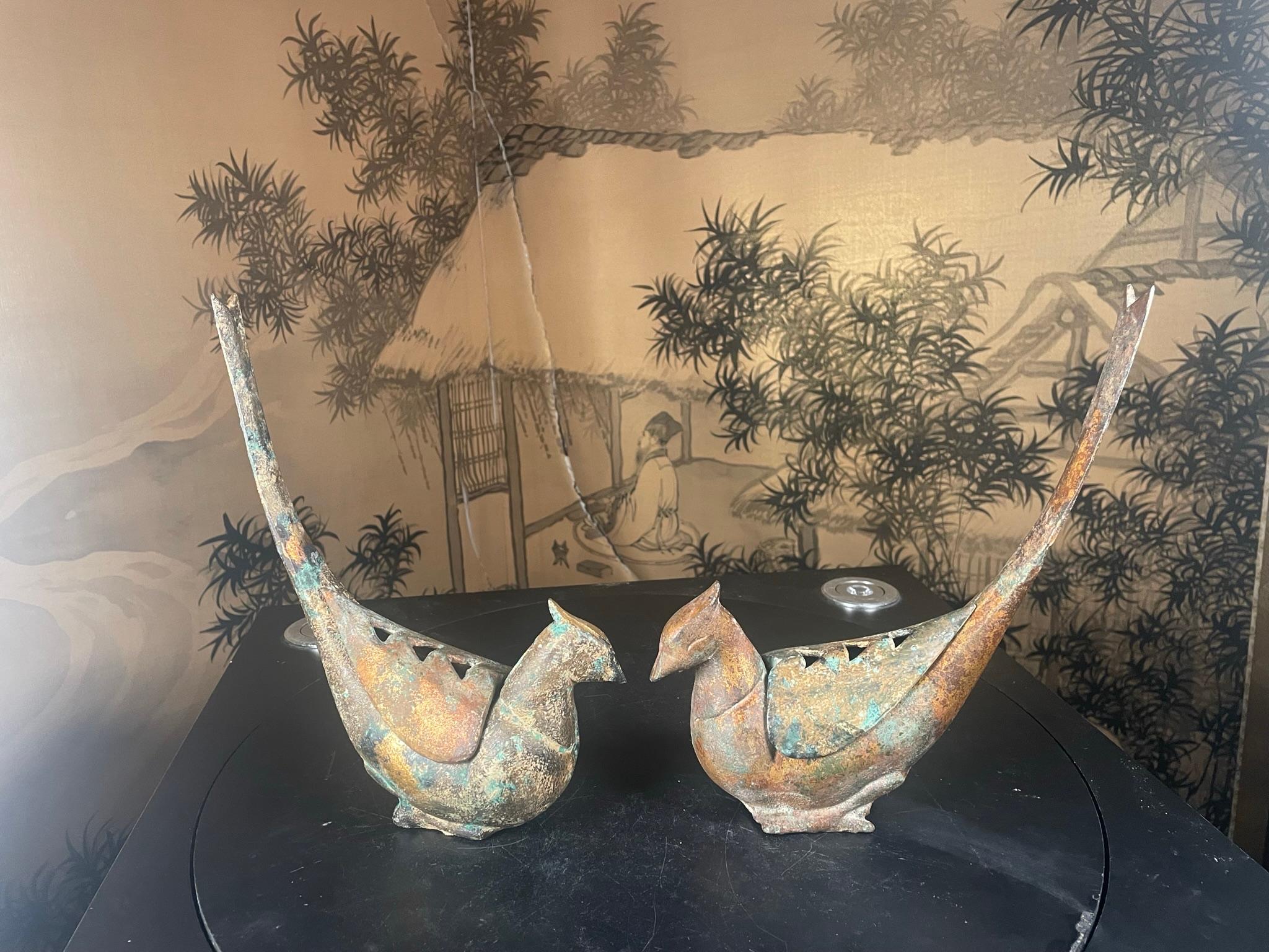 Japanese Pair Old Gilt Pheasant Bird Lanterns And Censers, Signed For Sale 5
