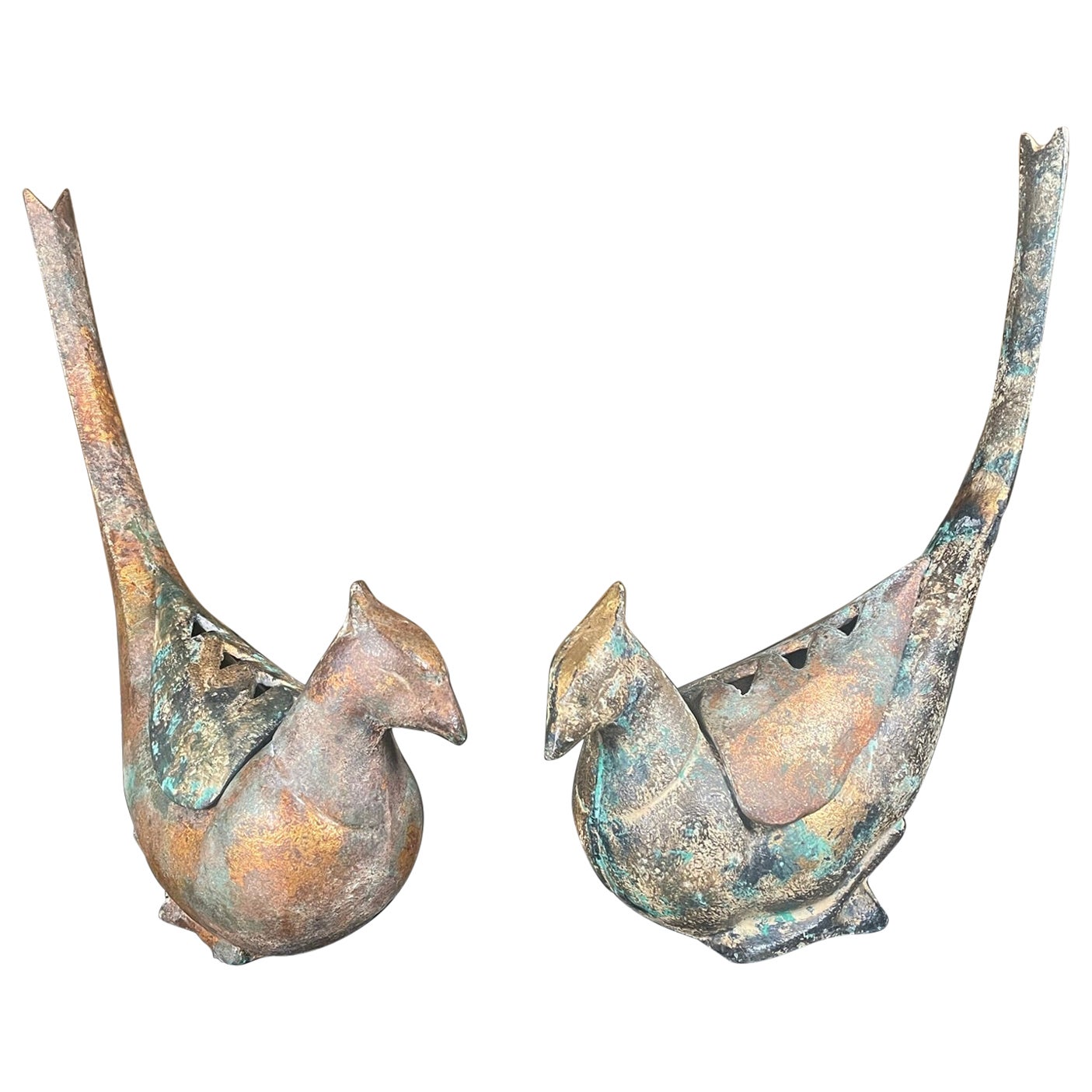 Japanese Pair Old Gilt Pheasant Bird Lanterns And Censers, Signed