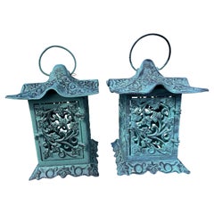 Japanese Pair Old Green Garden Leaf Garden Lighting Lanterns