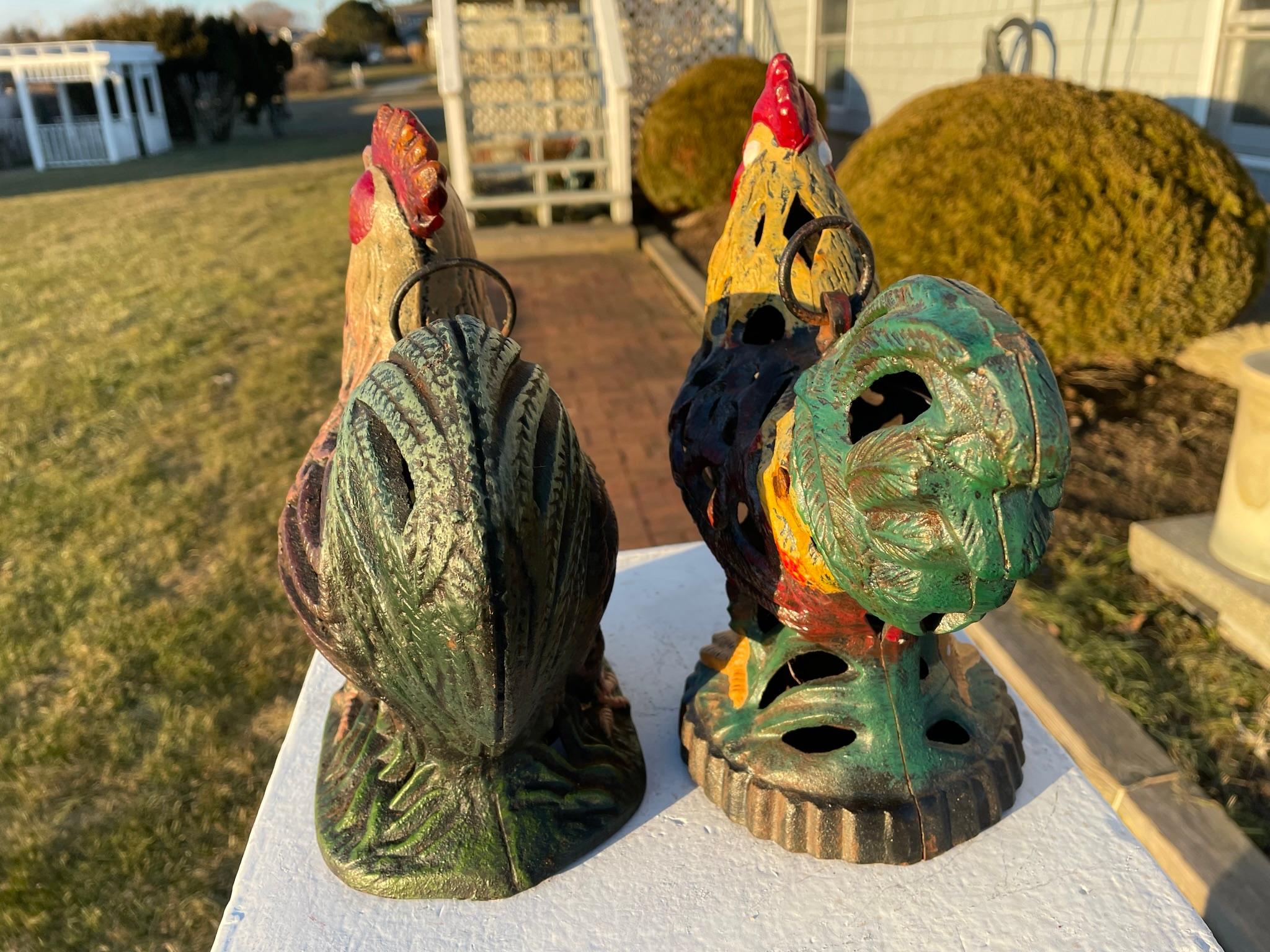 Japanese Pair Old Hand Painted Rooster And Hen Lighting Lanterns 4