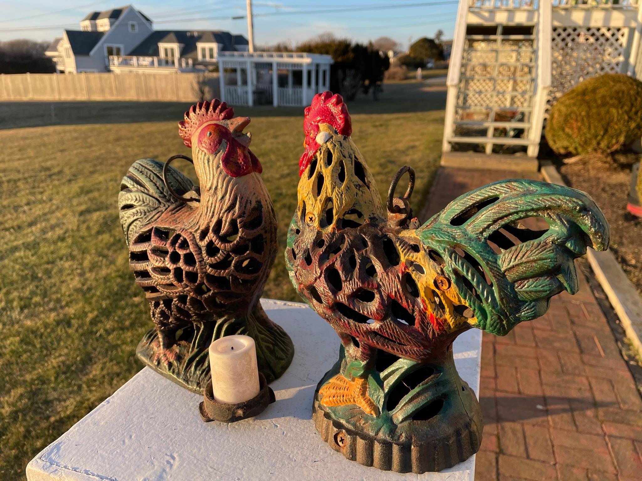 Japanese Pair Old Hand Painted Rooster And Hen Lighting Lanterns 7