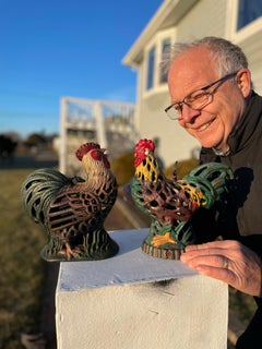 Japanese Pair Old Hand Painted Rooster And Hen Lighting Lanterns