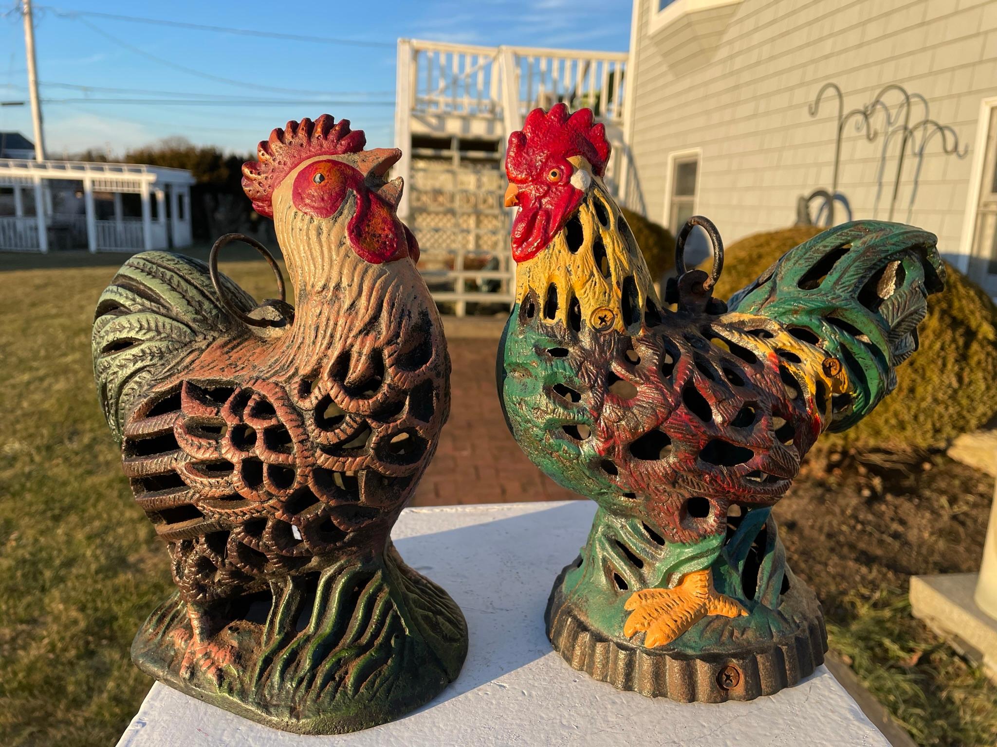 Showa Japanese Pair Old Hand Painted Rooster And Hen Lighting Lanterns