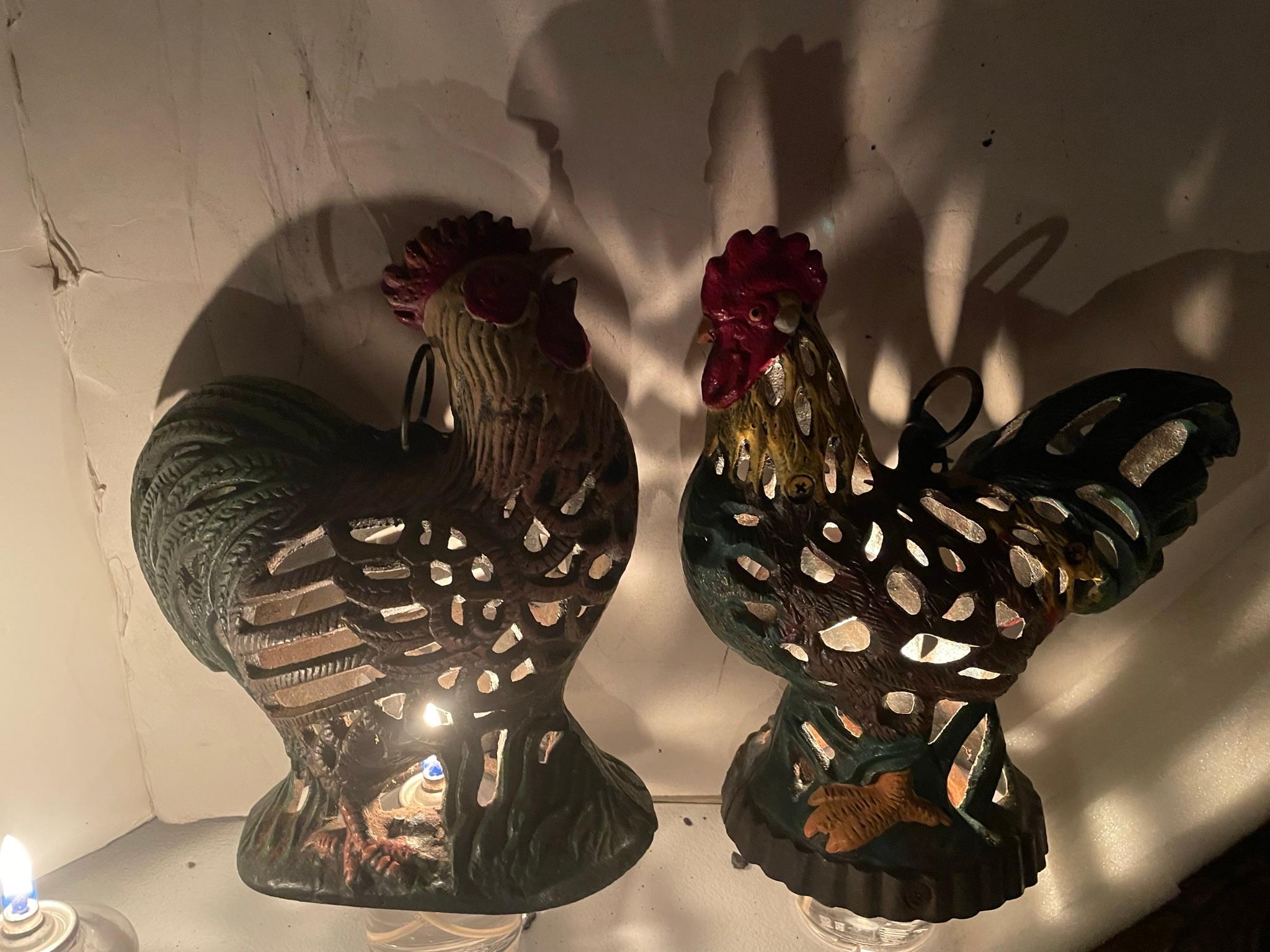 Hand-Crafted Japanese Pair Old Hand Painted Rooster And Hen Lighting Lanterns