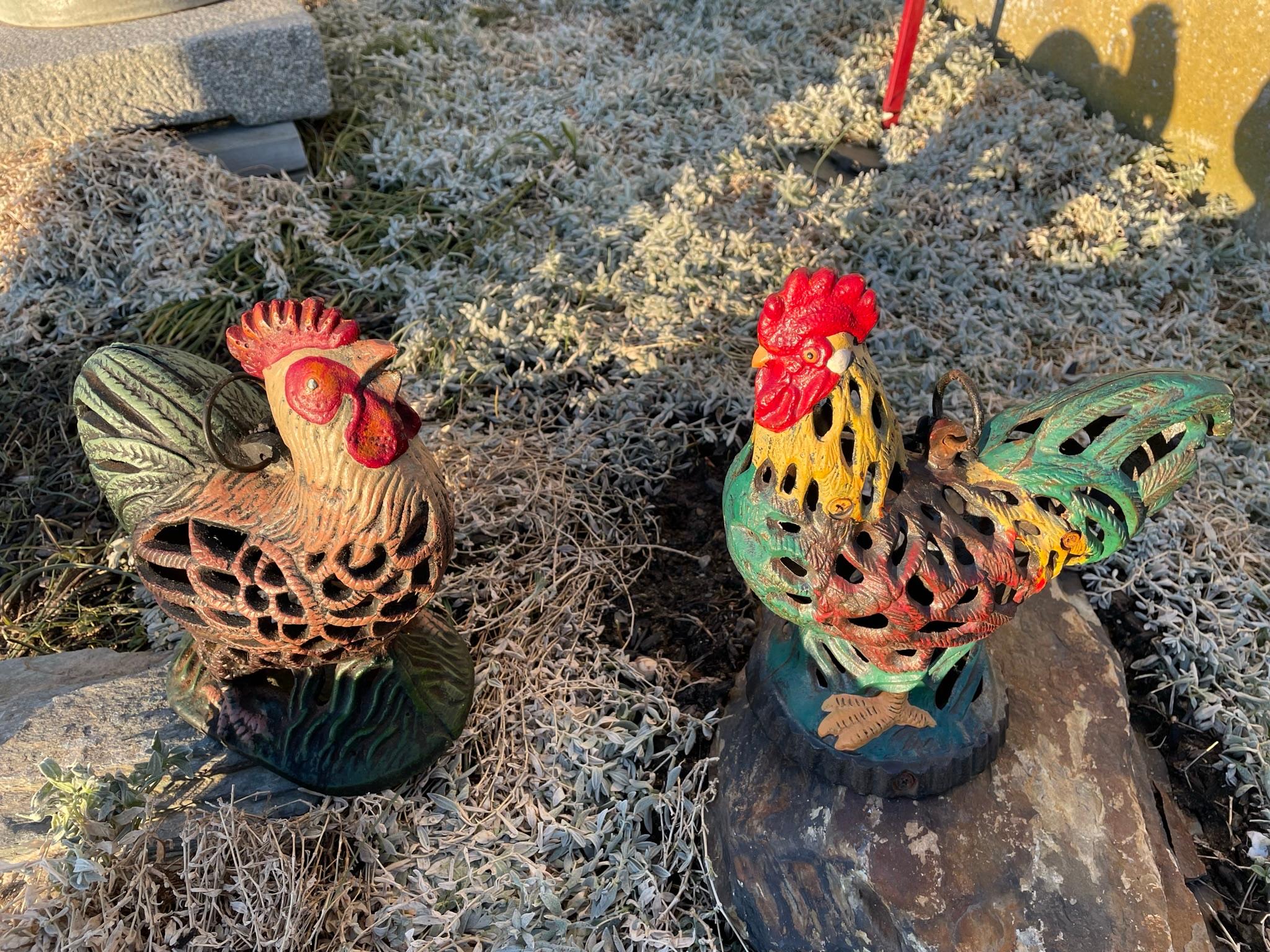 Japanese Pair Old Hand Painted Rooster And Hen Lighting Lanterns In Good Condition In South Burlington, VT