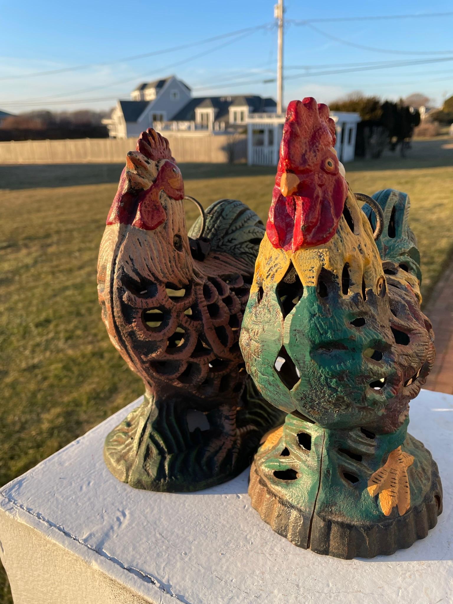 Japanese Pair Old Hand Painted Rooster And Hen Lighting Lanterns 2