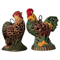 Vintage Japanese Pair Old Hand Painted Rooster And Hen Lighting Lanterns