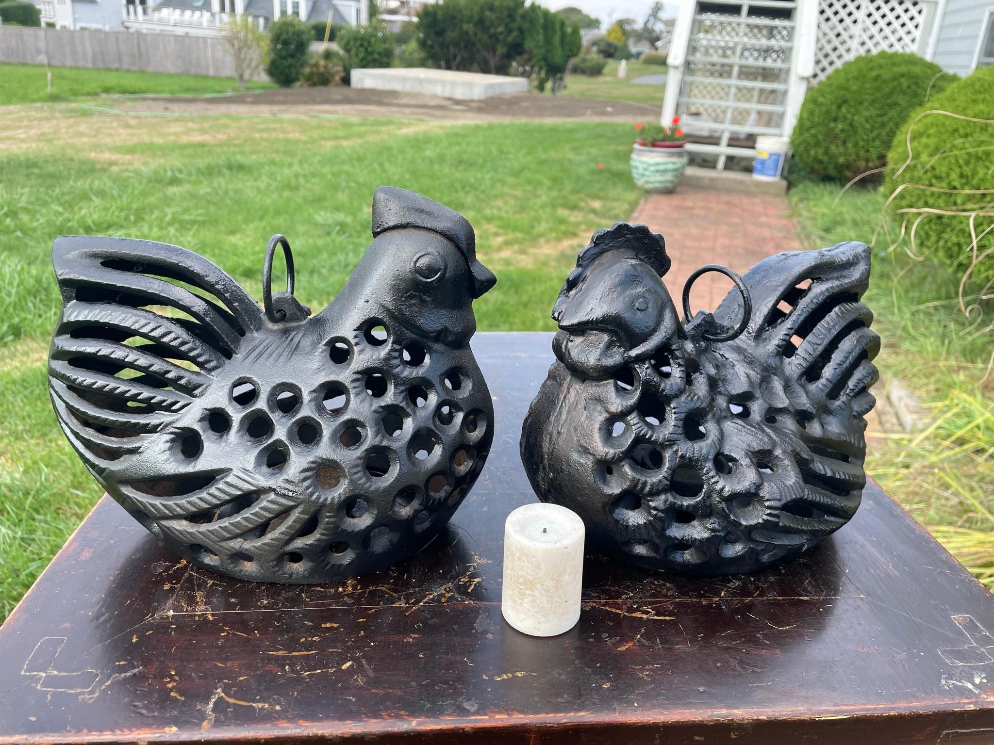 Japanese Pair Old Rooster And Hen Lighting Lanterns 7