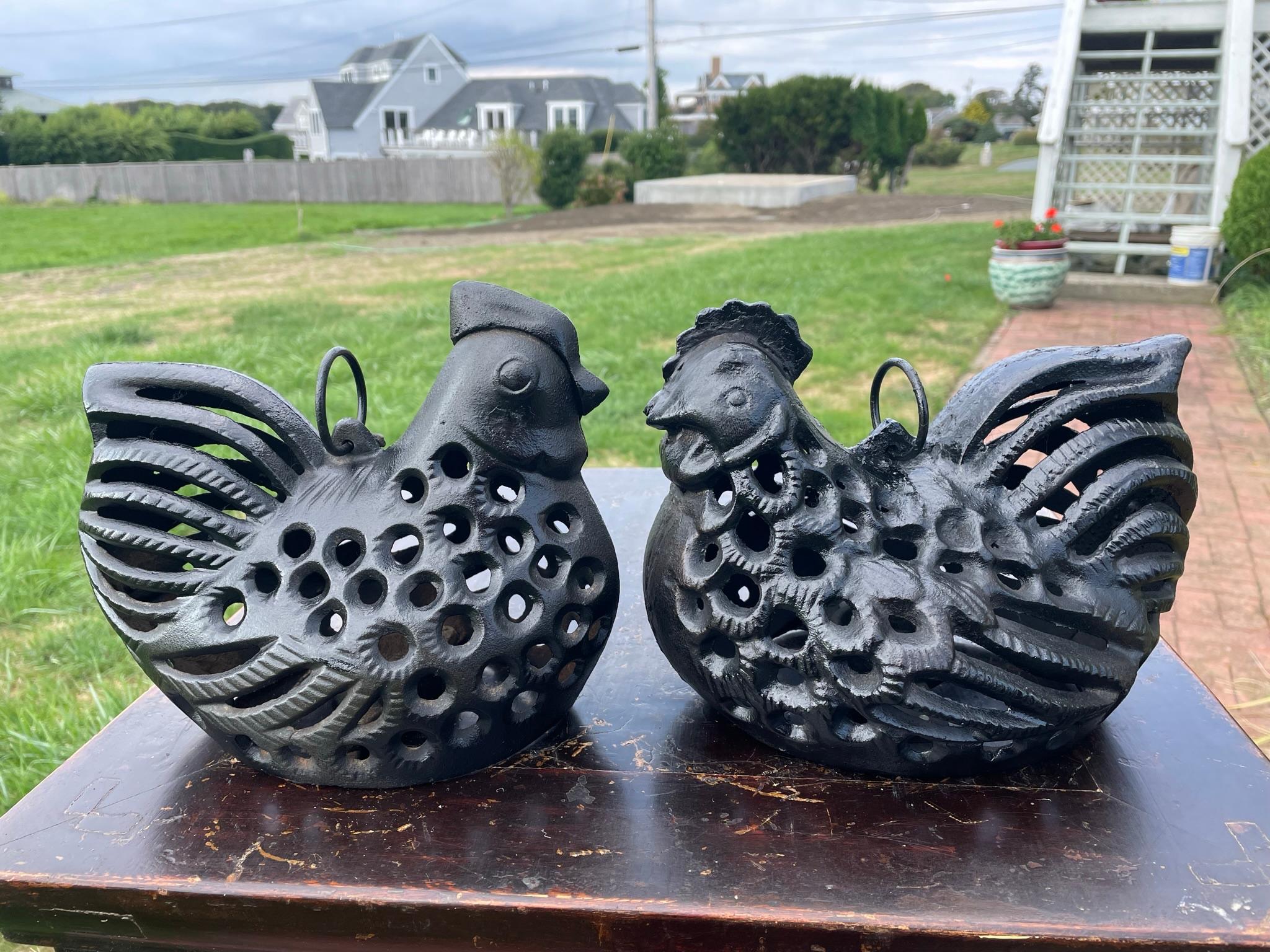 Hand-Crafted Japanese Pair Old Rooster And Hen Lighting Lanterns
