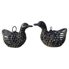 Retro Japanese Pair Old Serene Swimming Duck Decoy Garden Lighting Lanterns