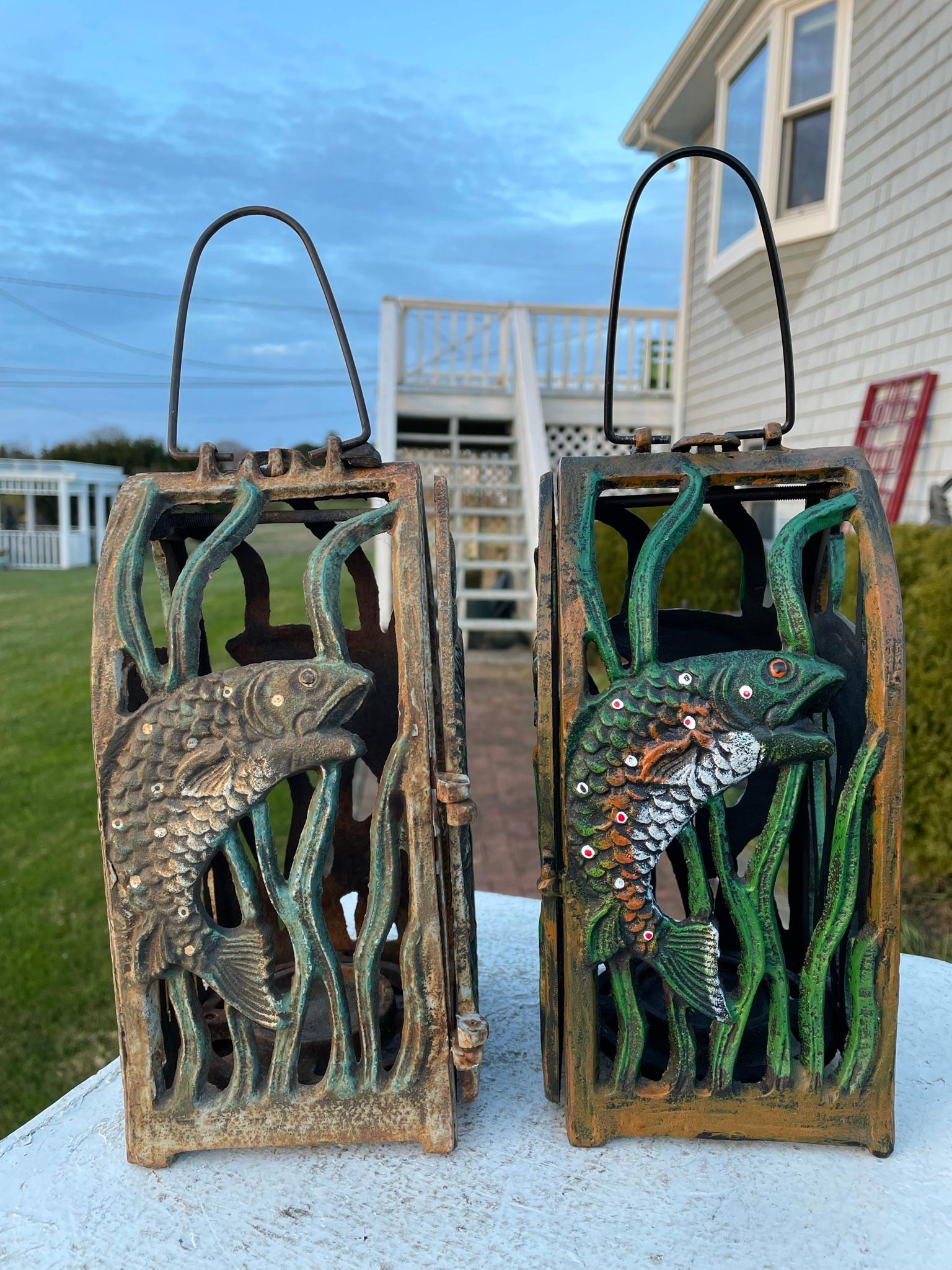 Fishing friends delight

This unusual pair (2) of Jumping Trout or Bass fish themed hand painted iron garden lanterns is the first pair of this design we have seen. 

Sturdily crafted, they boast jumping fish on all four sides and were well