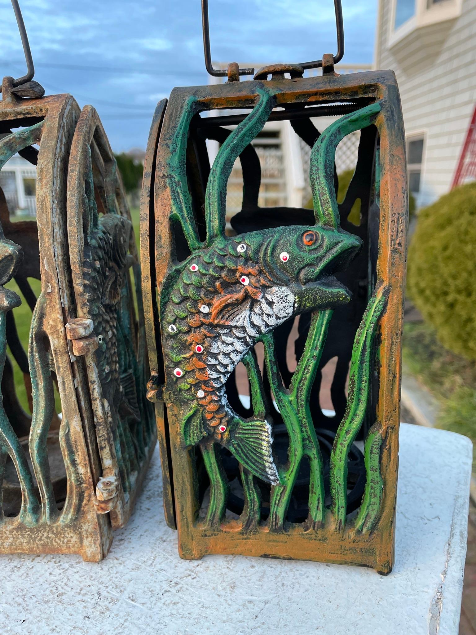 Hand-Crafted Japanese Pair Old Vintage Jumping Fish Lighting Lanterns For Sale
