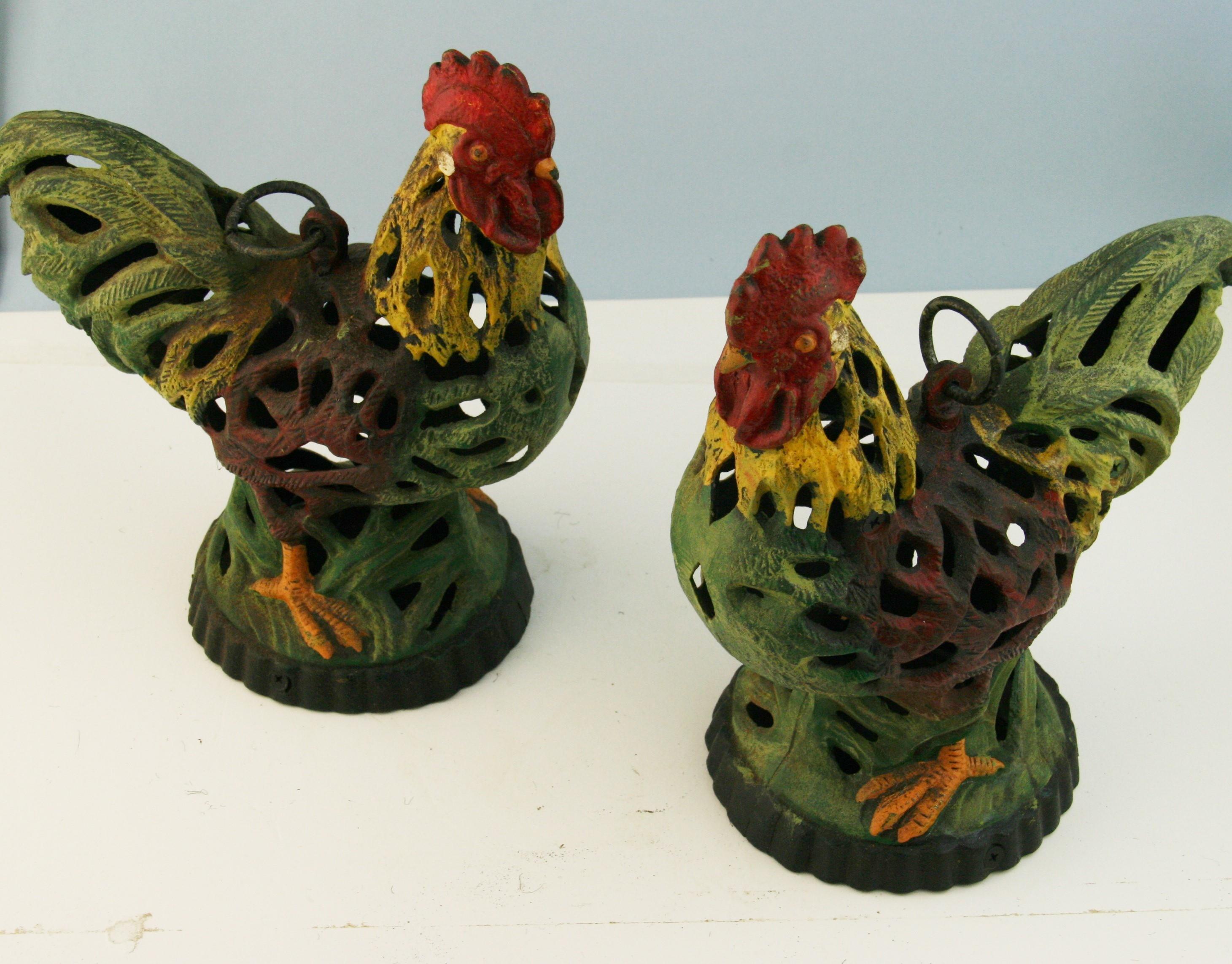 3-843 Japanese hand cast and painted pair(2) cast iron roosters candle lanterns.