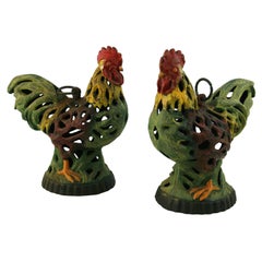 Japanese Pair Old Vintage Roosters Lighting Lanterns