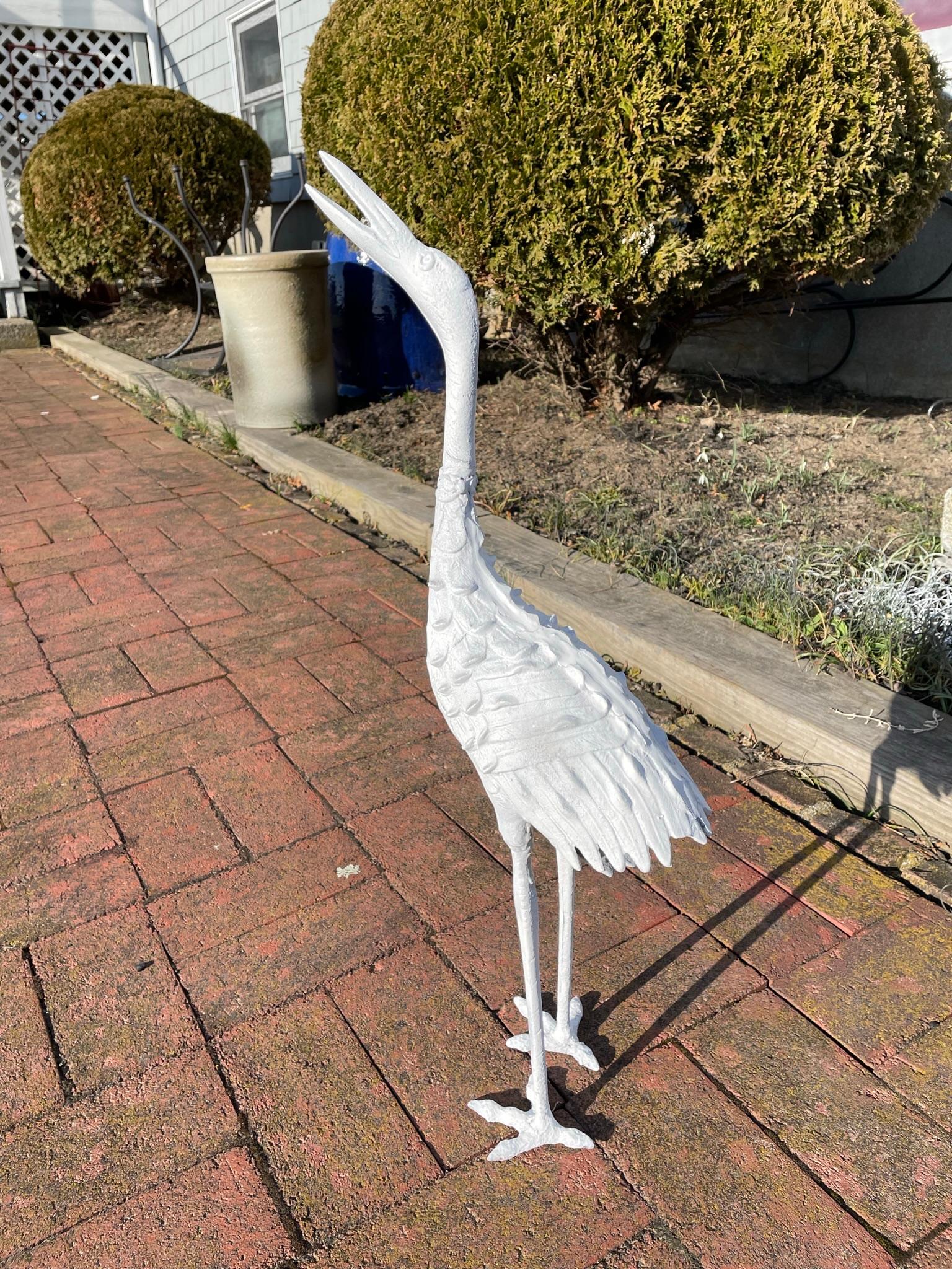 Japanese Pair Old White Hand Cast Garden Cranes 9