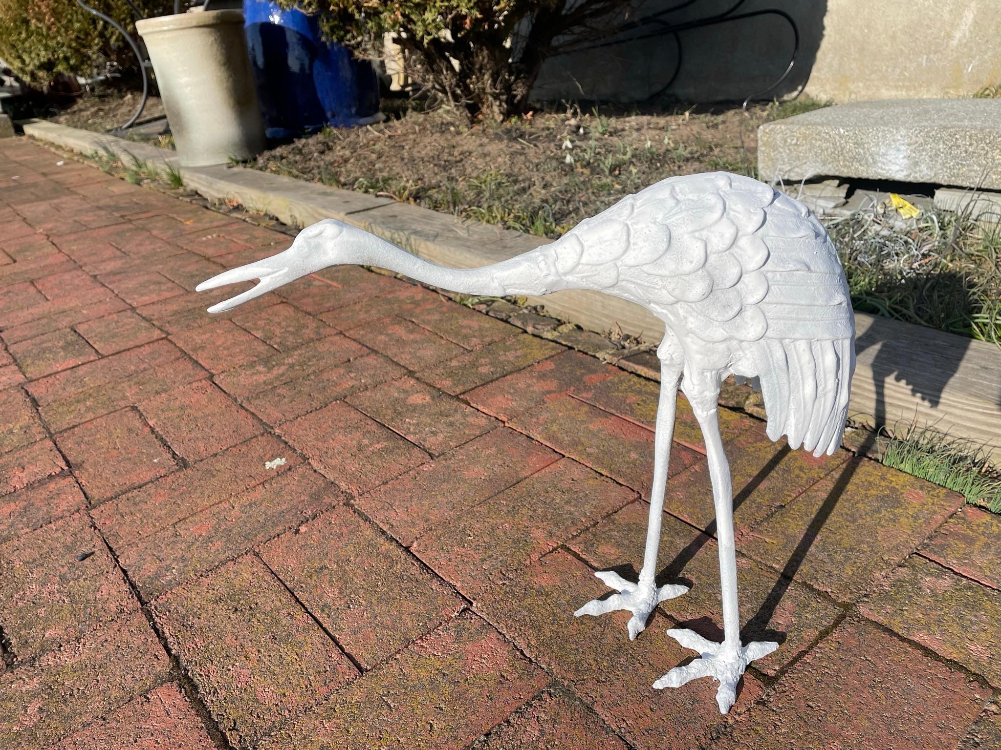 Japanese Pair Old White Hand Cast Garden Cranes 12