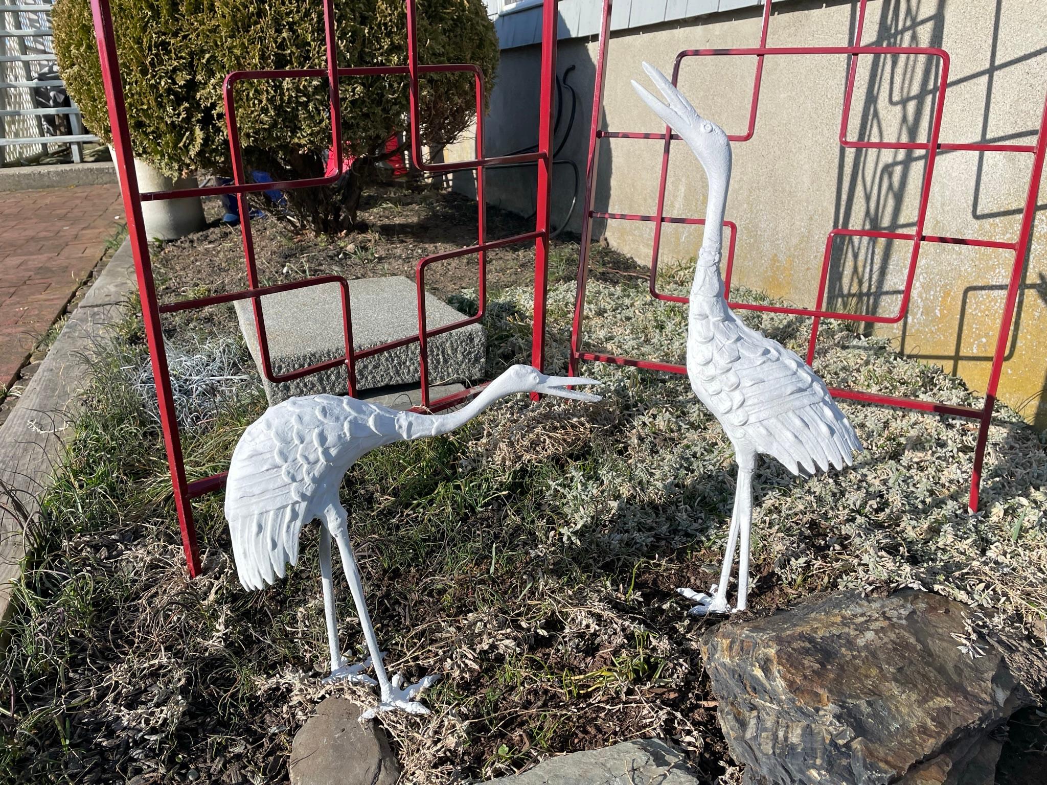 Showa Japanese Pair Old White Hand Cast Garden Cranes For Sale