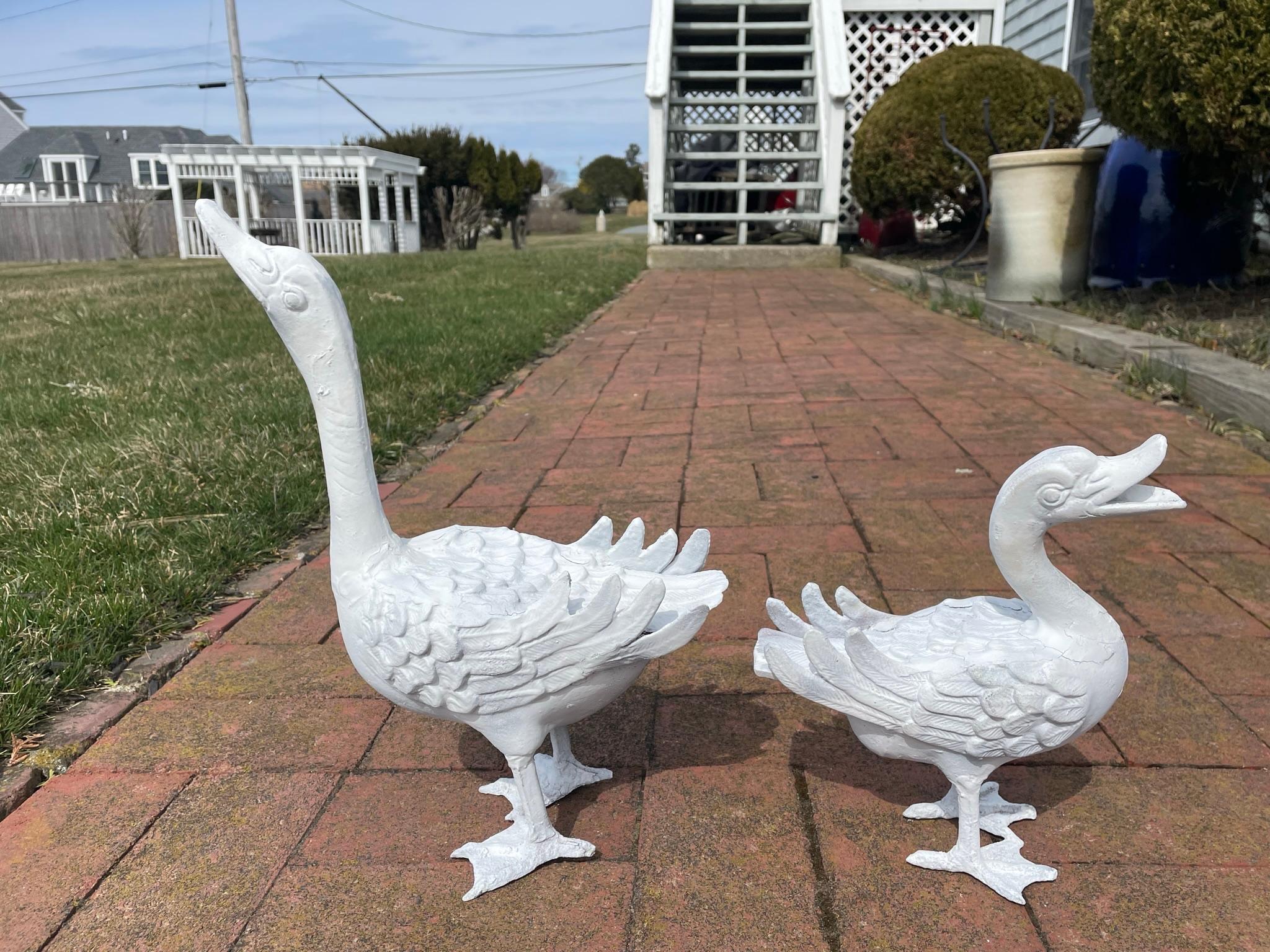 Iron Japanese Pair Old White Hand Cast Garden Ducks