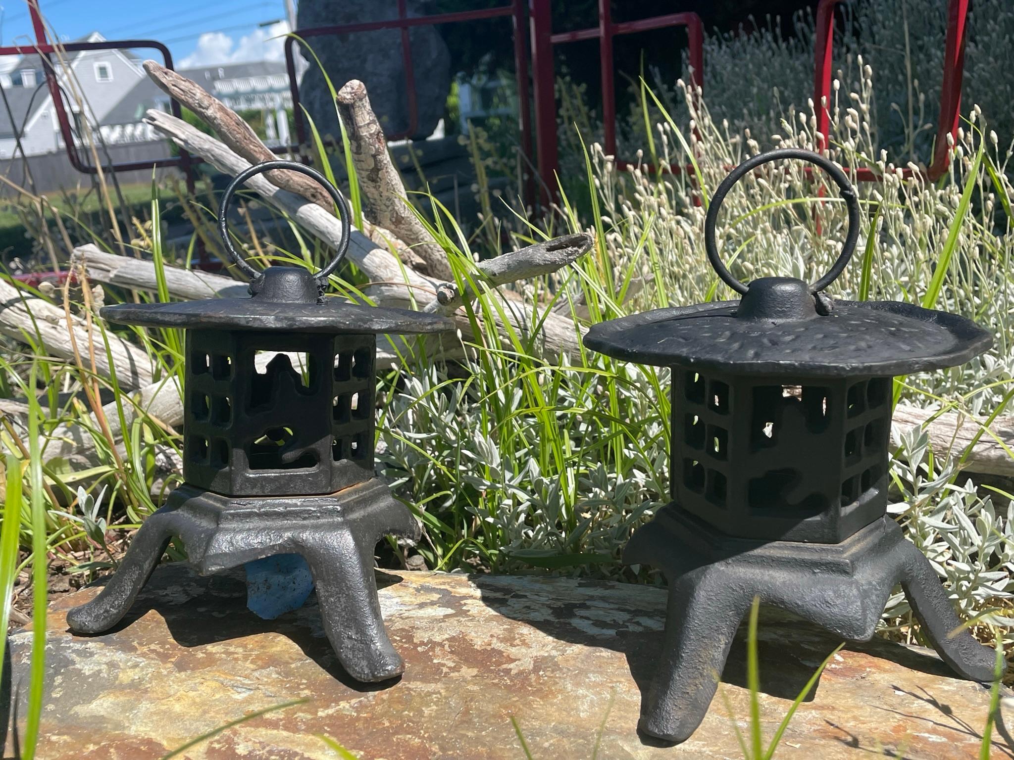 Iron Japanese Pair Older Petite Yukimi Garden Lighting Lanterns
