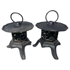 Used Japanese Pair Older Petite Yukimi Garden Lighting Lanterns