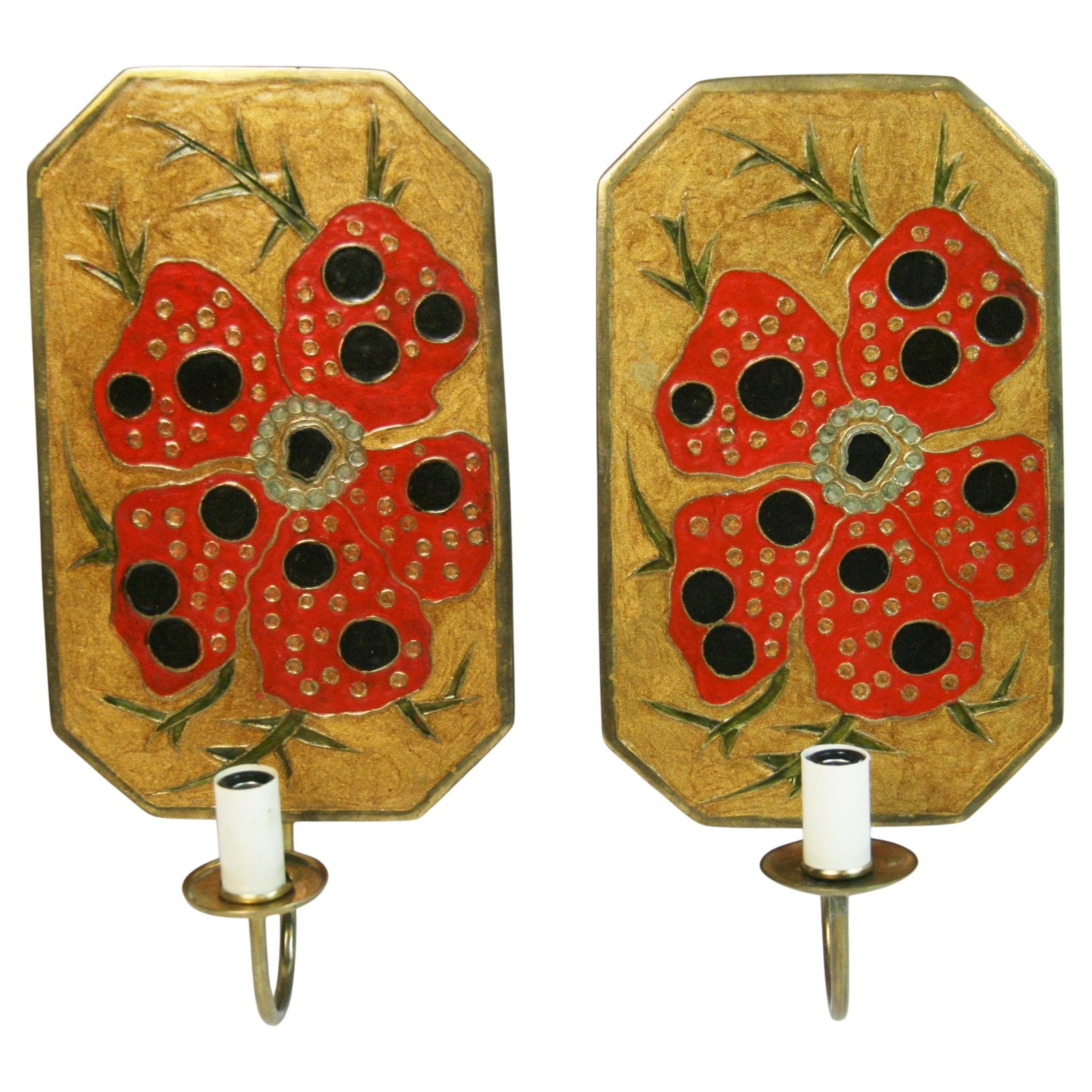 Paire d'appliques murales Cloissone en laiton et émail (Japon)
