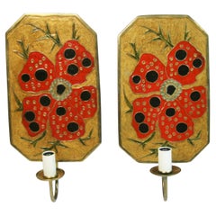 Japanese Pair Rare Cloissone Brass and Enamel Wall Sconces