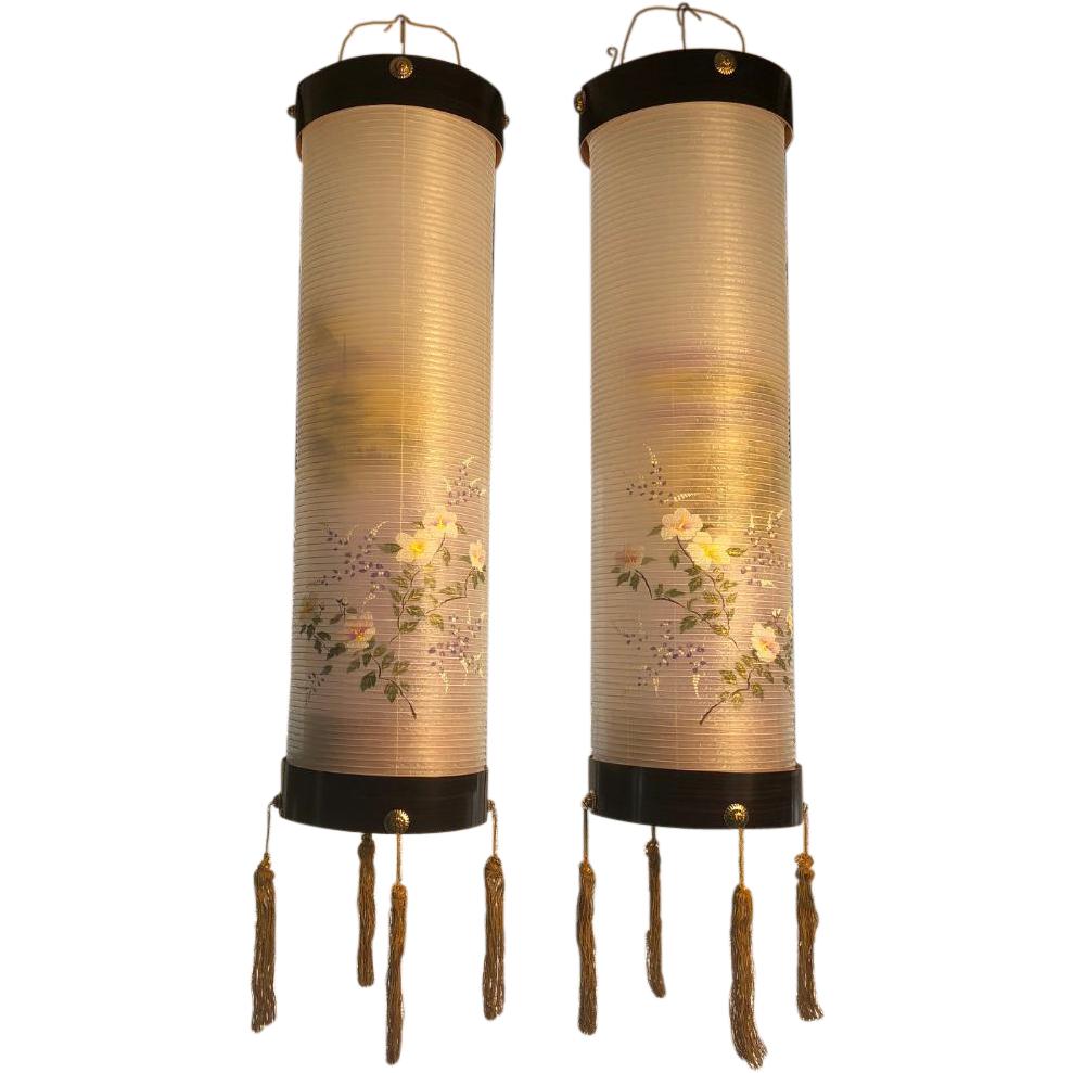 Japanese Pair Silk "Spring Flowers" Hanging Lantern Lights