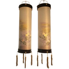 Japanese Pair Silk "Spring Flowers" Hanging Lantern Lights