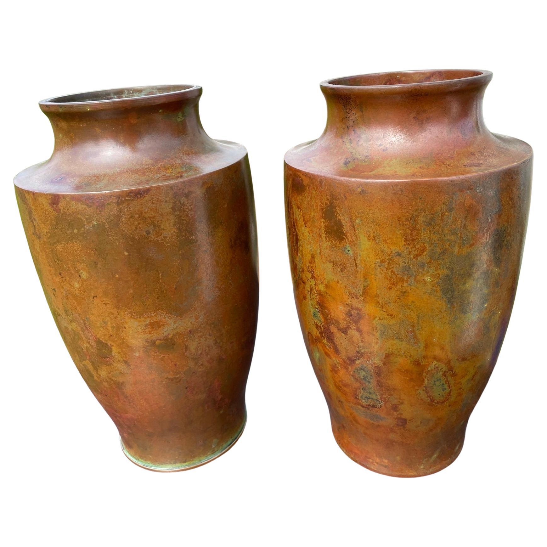 Japanese Pair Tall Brilliant Colors Murashido Bronze Red Vases, Signed 10
