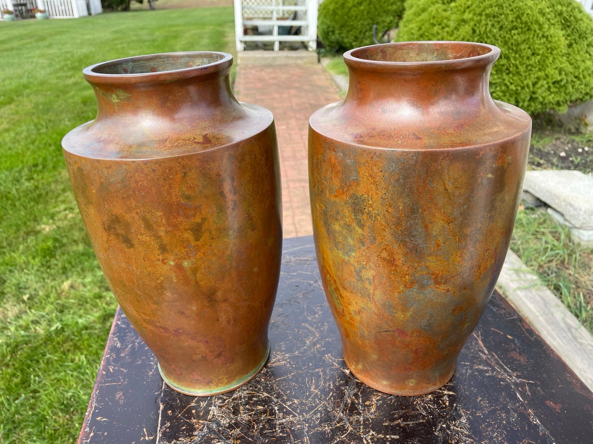 20th Century Japanese Pair Tall Brilliant Colors Murashido Bronze Red Vases, Signed
