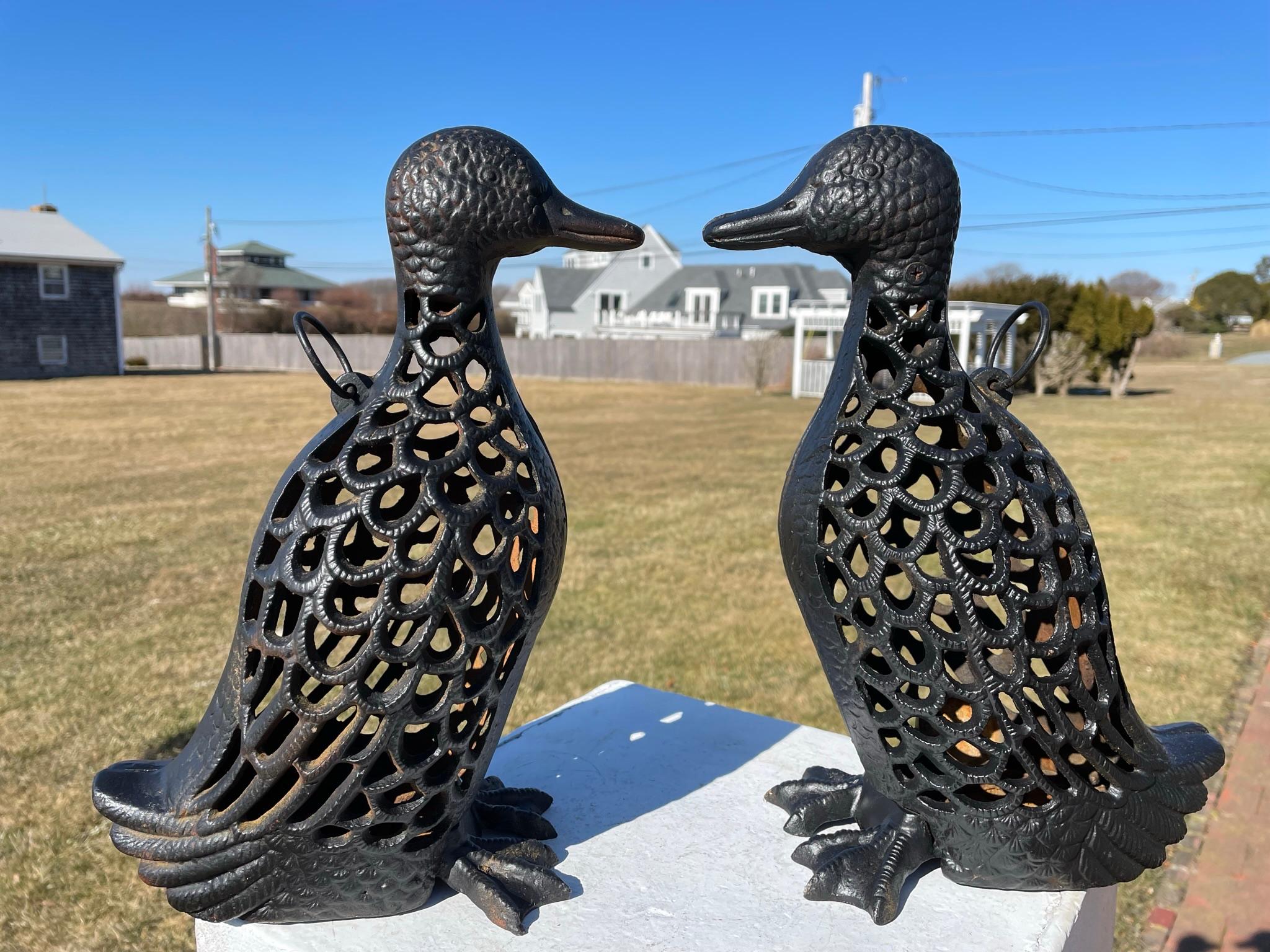 Japanese Pair Tall Old Mallard Duck Decoy Garden Lanterns In Good Condition In South Burlington, VT