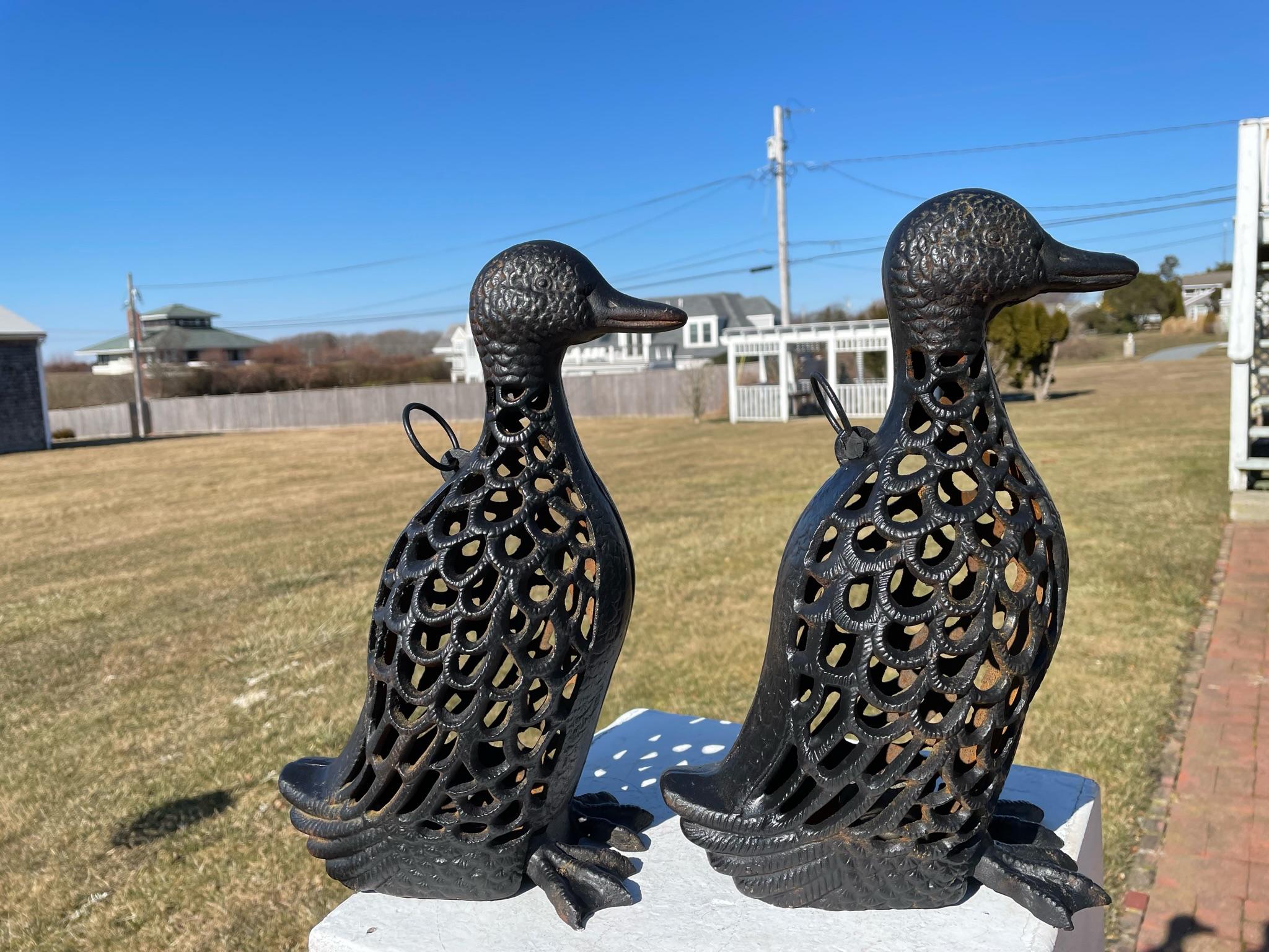 20th Century Japanese Pair Tall Old Mallard Duck Decoy Garden Lanterns