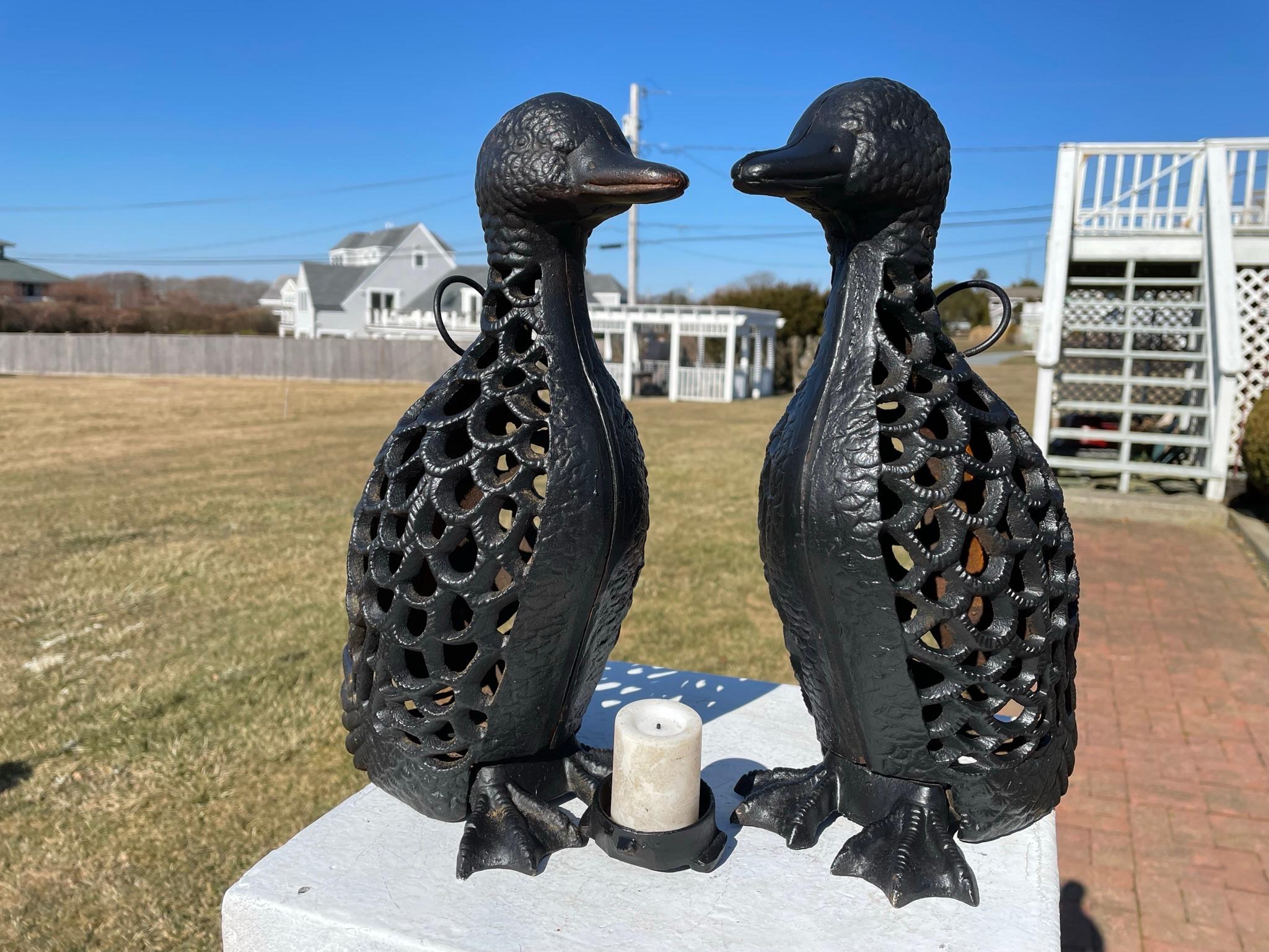 Iron Japanese Pair Tall Old Mallard Duck Decoy Garden Lanterns