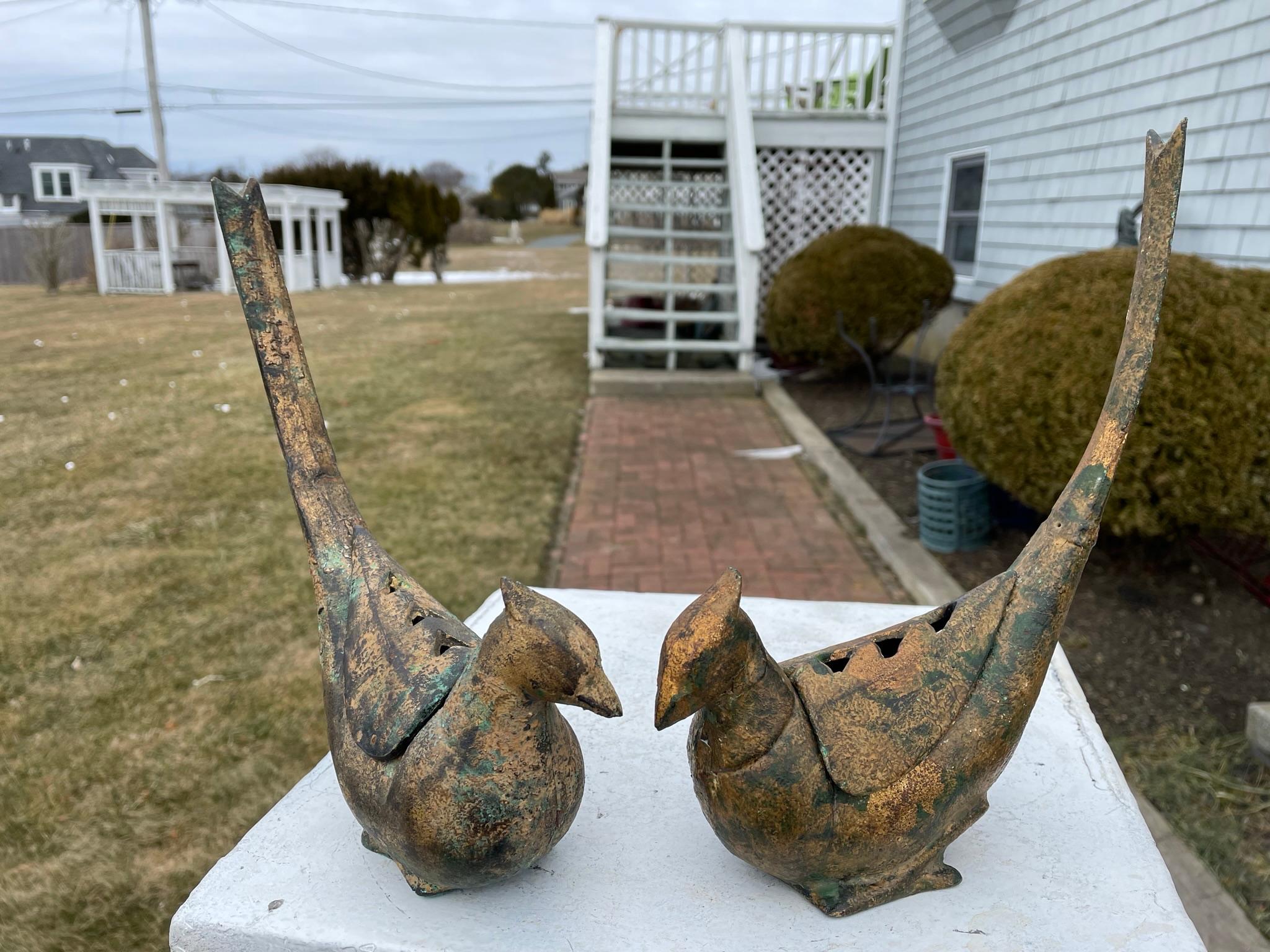 Japanese Pair Vintage Gilt Pheasant Bird Lanterns And Censers 7