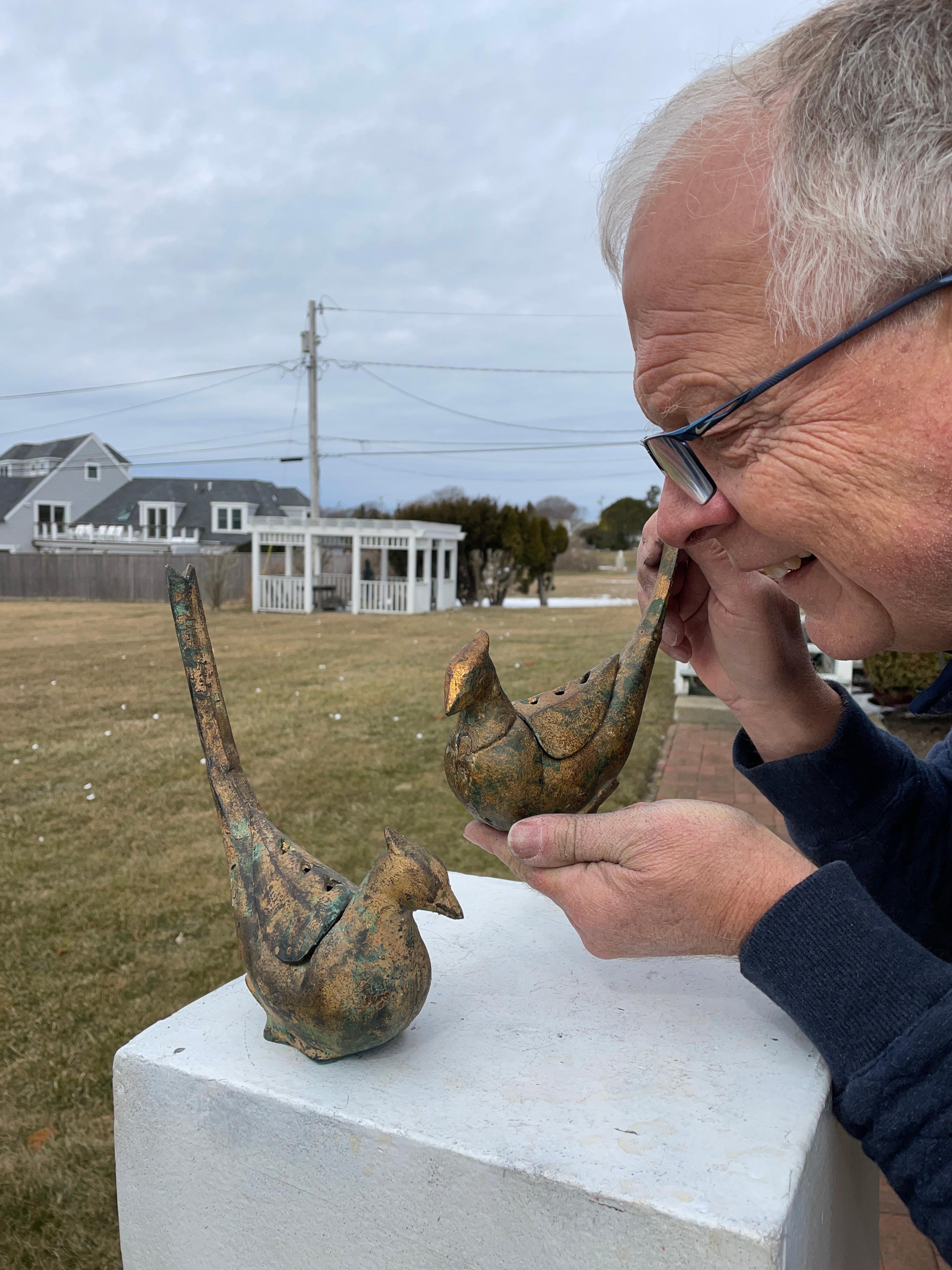 Beautiful pair (2) old vintage gilt pheasant bird lanterns and censers.

From our recent Japanese acquisitions in original condition with original attractive gilding present. 

Japan, an attractive and iconic pair (2) pheasant form cast two part