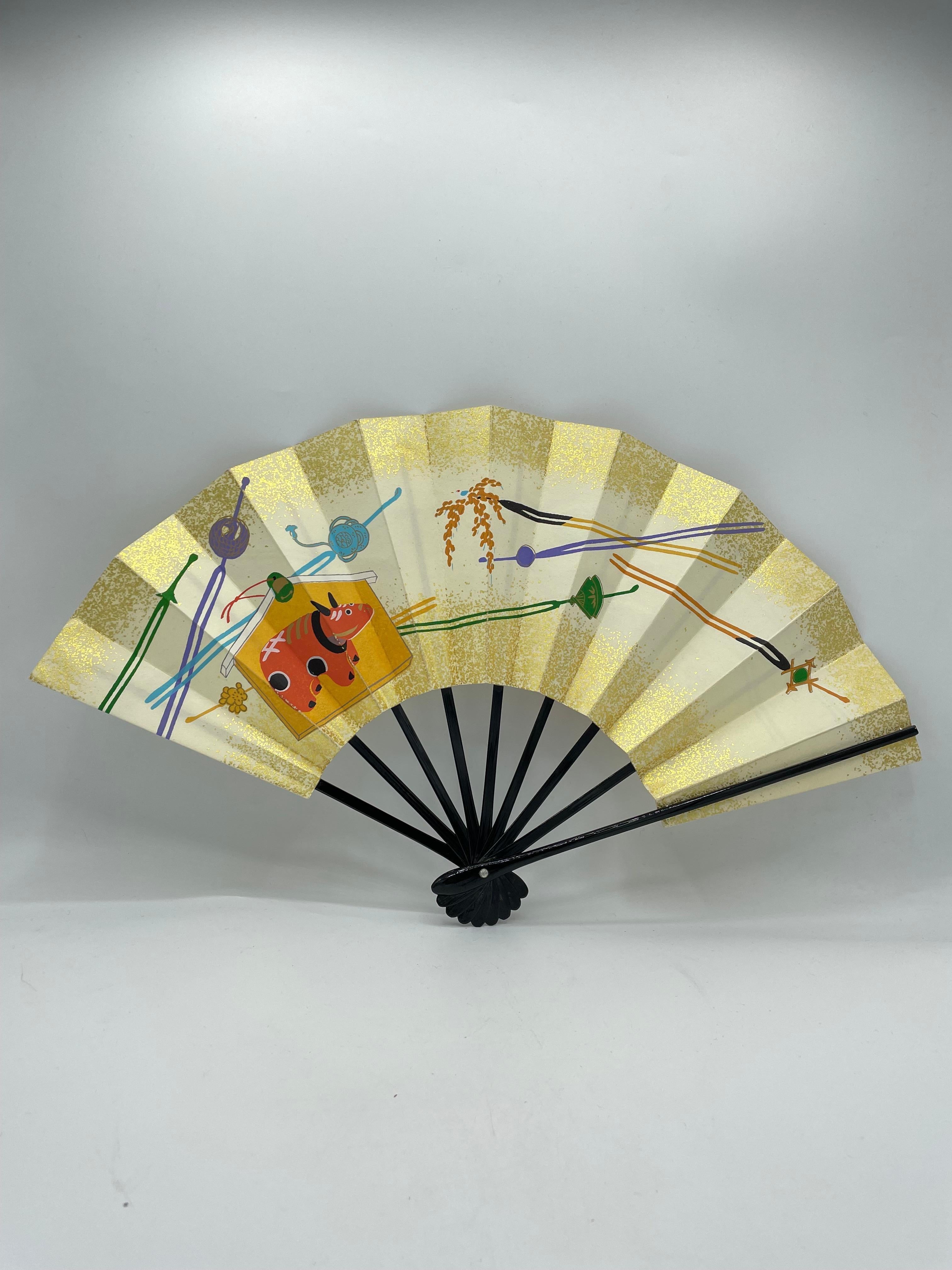 Cotton Japanese Paper Fan Akabeko and Kanzashi printed 1980s Showa For Sale