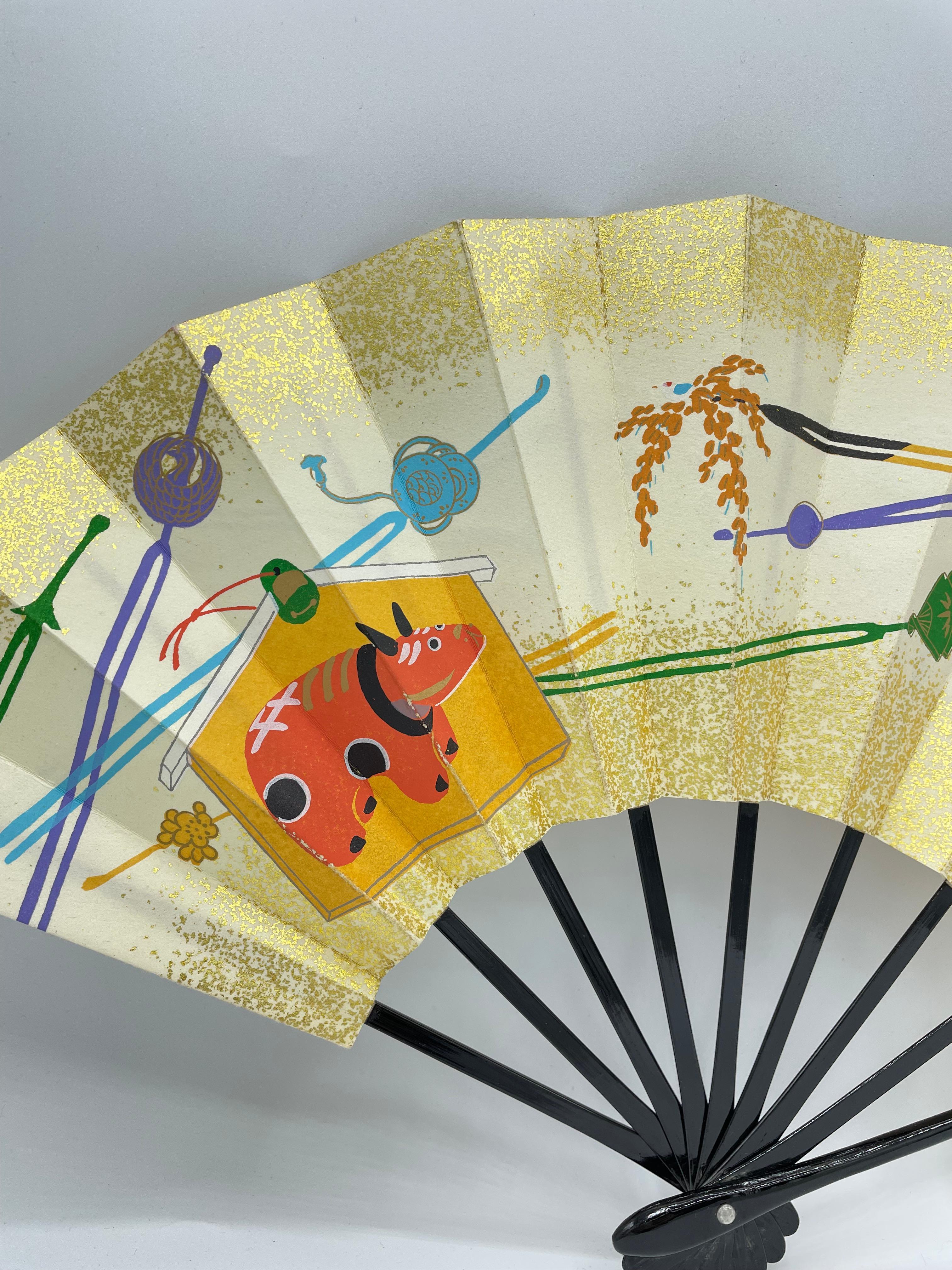 Cotton Japanese Paper Fan Akabeko and Kanzashi printed 1980s Showa For Sale