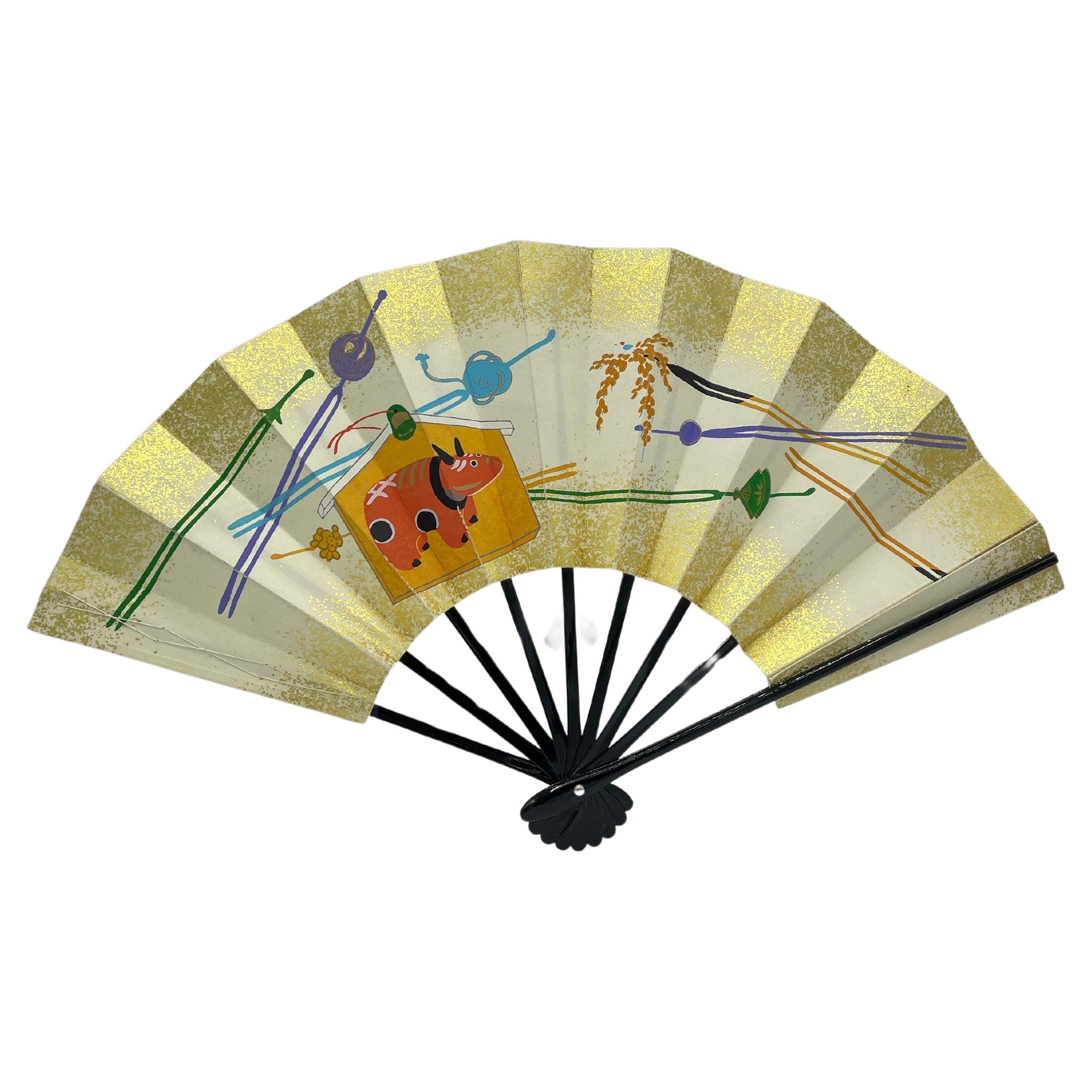 Japanese Paper Fan Akabeko and Kanzashi printed 1980s Showa For Sale