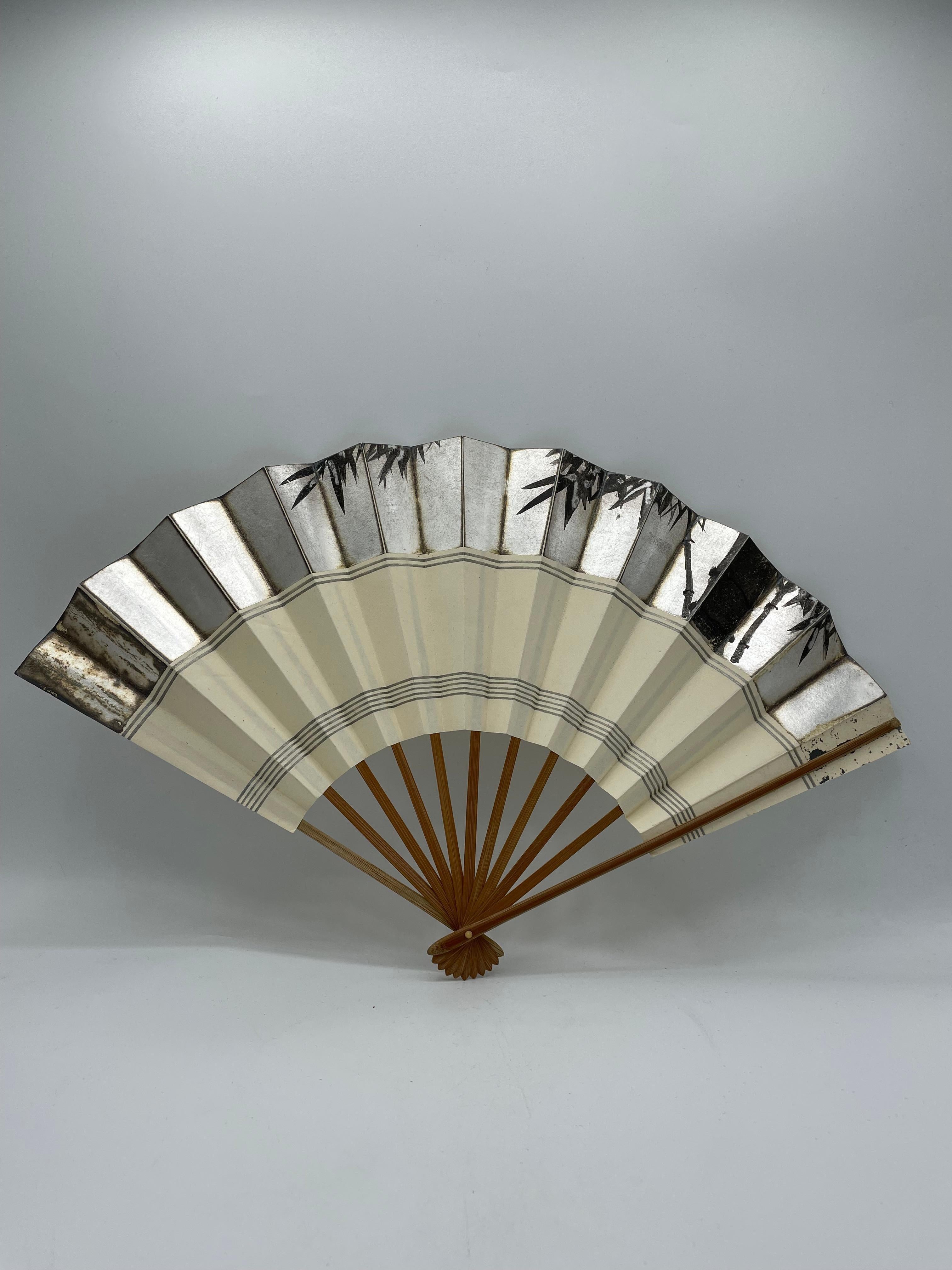 Late 20th Century Japanese Paper Fan Bamboo Hand Painted 1980s Showa For Sale