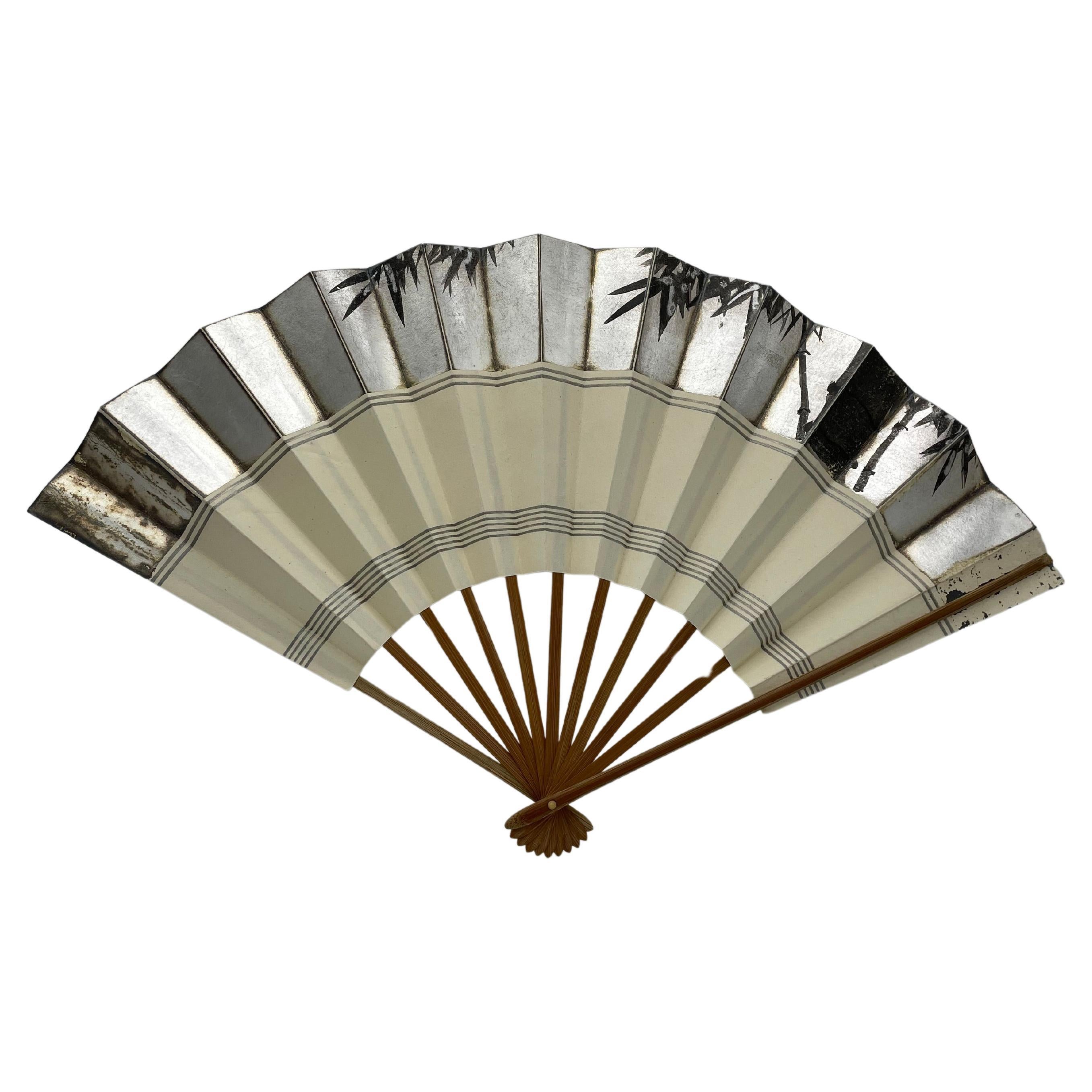 Japanese Paper Fan Bamboo Hand Painted 1980s Showa
