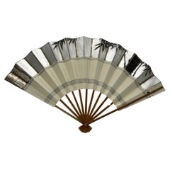 Vintage Japanese Paper Fan Bamboo Hand Painted 1980s Showa