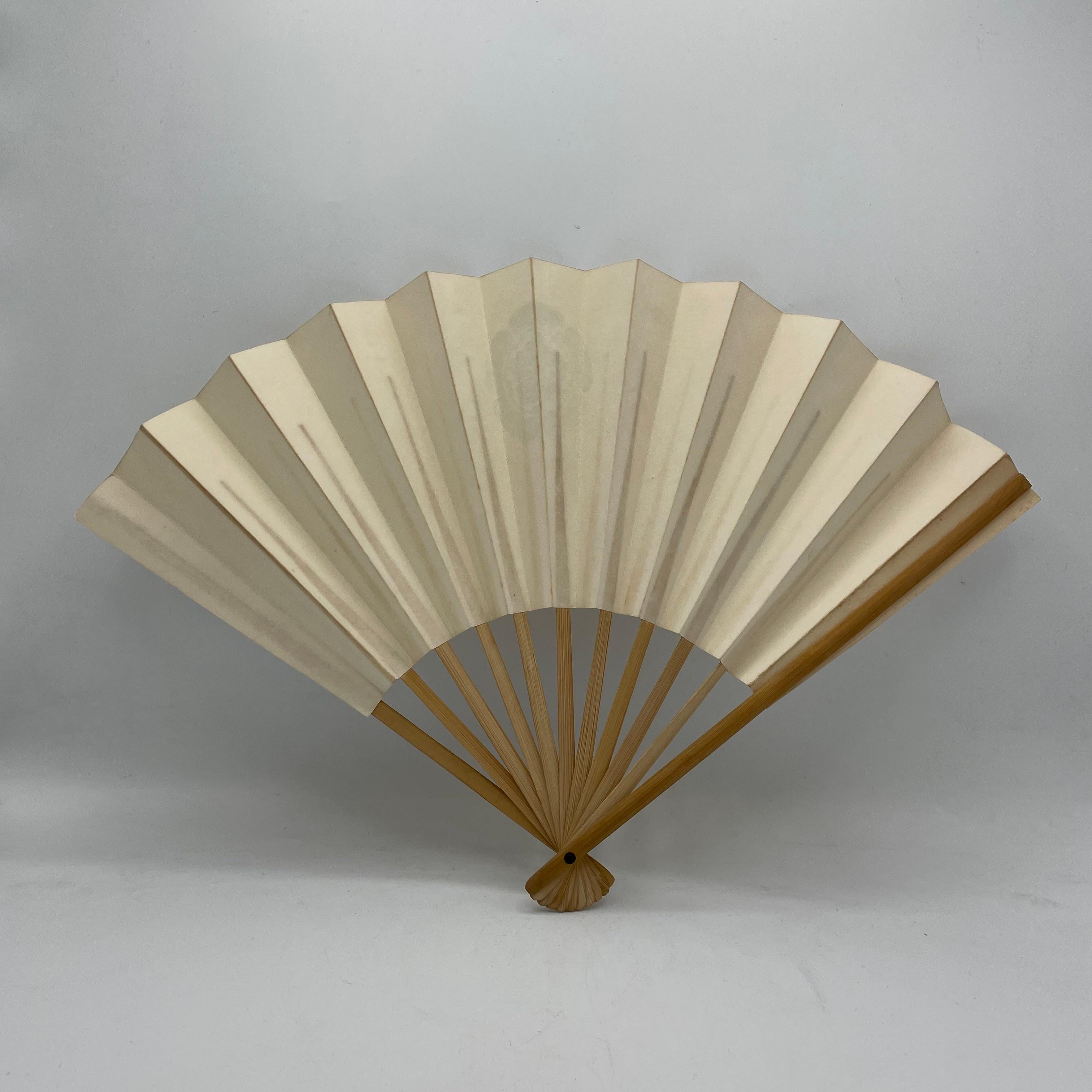 Showa Japanese Paper Fan with Bamboo and Family Crest Odamokko 1990s For Sale