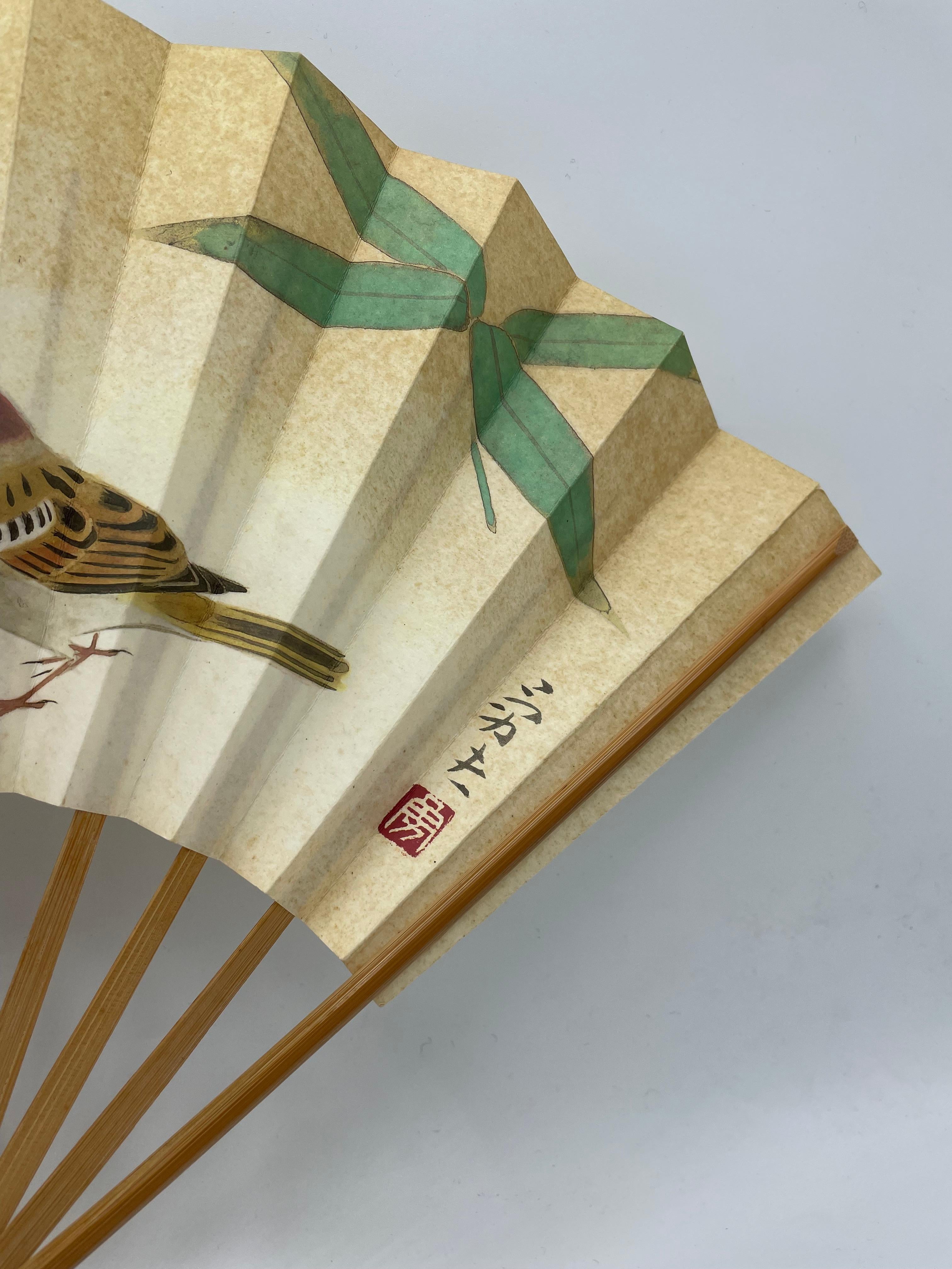 Late 20th Century Japanese Paper Fan with three Sparrows Printed From Aichi Prefecture 1990s  For Sale