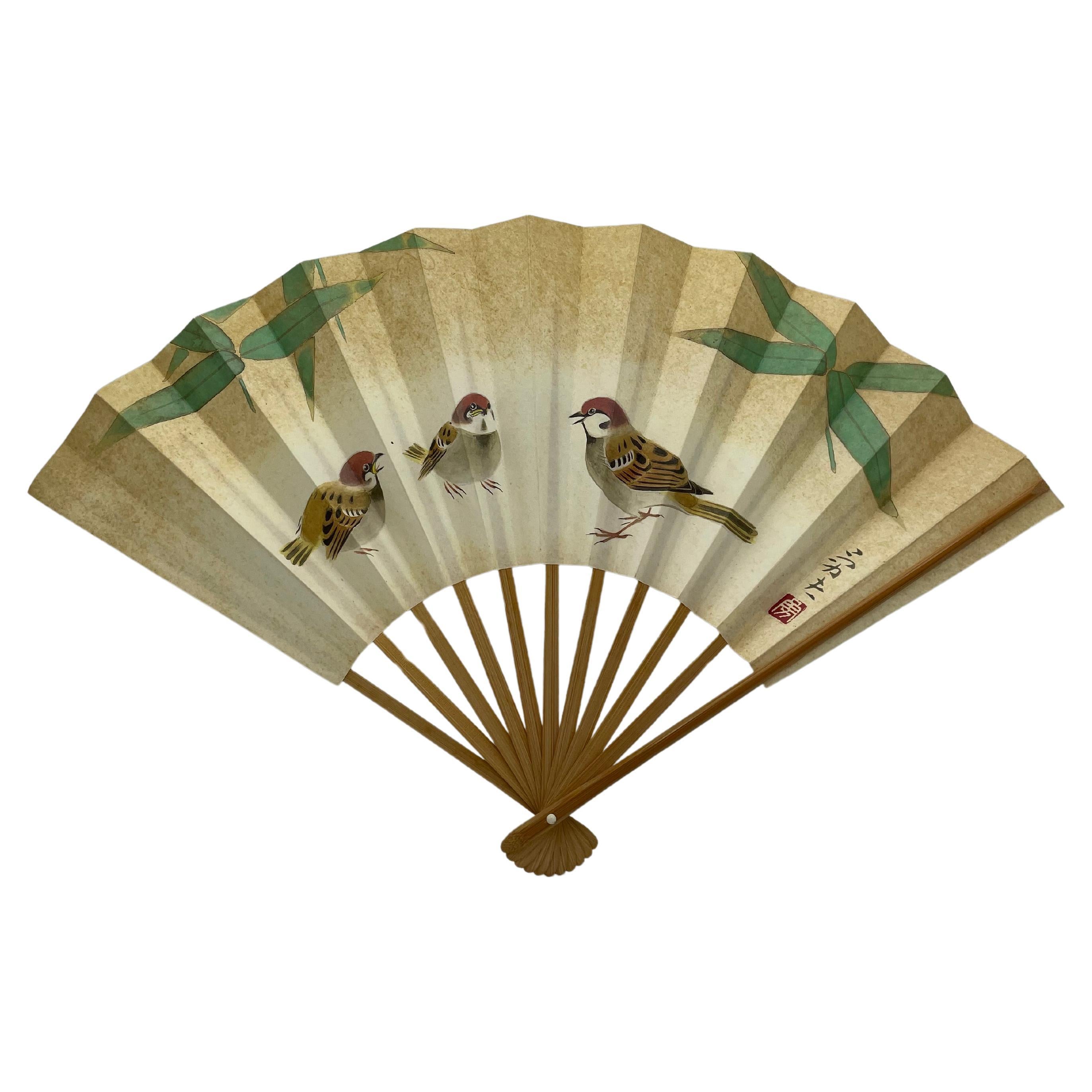 Japanese Paper Fan with three Sparrows Printed From Aichi Prefecture 1990s 