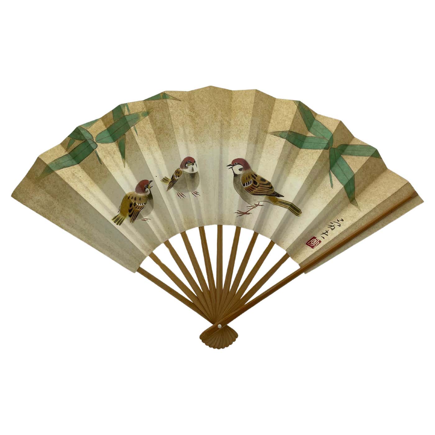 Japanese Paper Fan with three Sparrows Printed From Aichi Prefecture ...