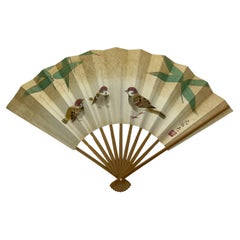 Vintage Japanese Paper Fan with three Sparrows Printed From Aichi Prefecture 1990s 