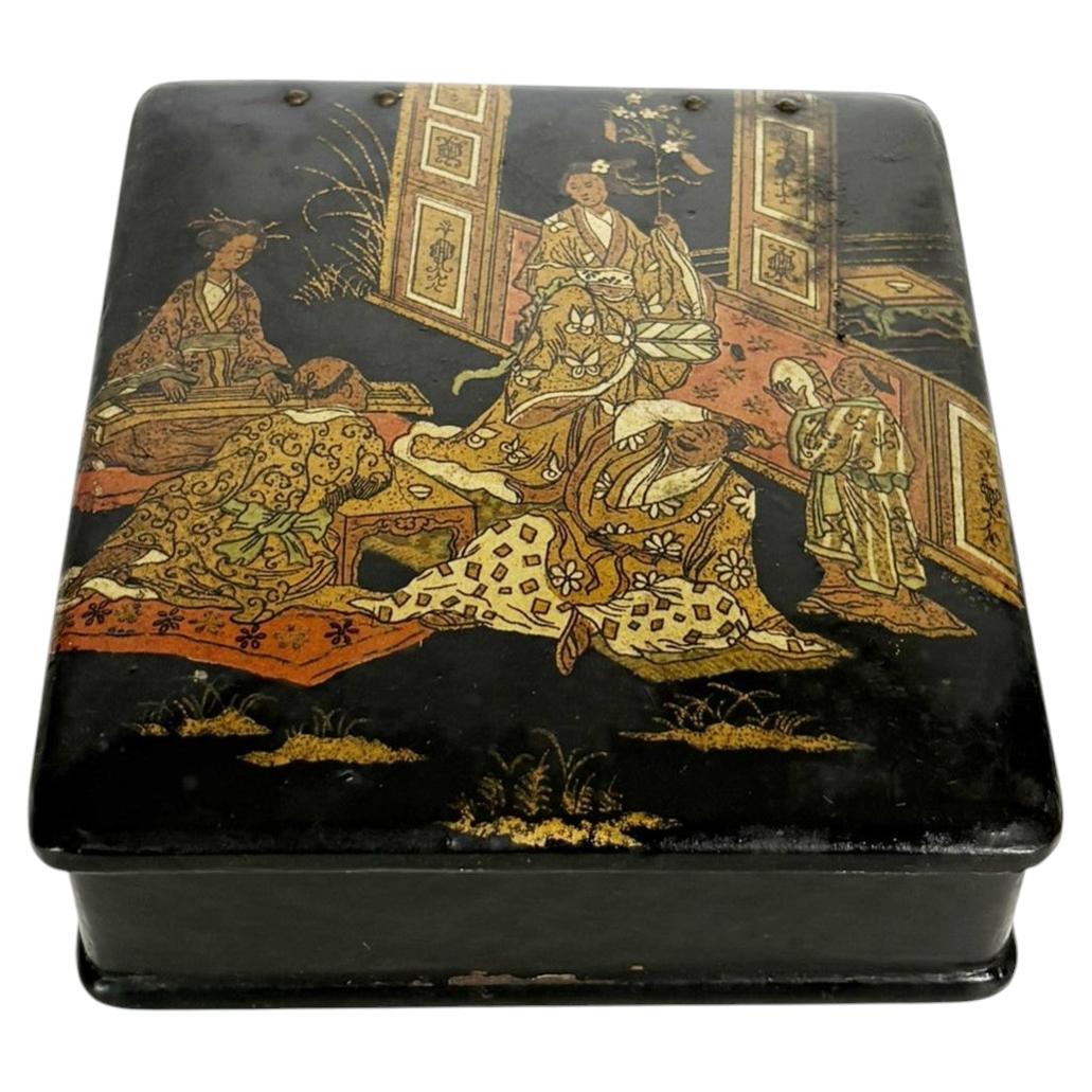 Japanese Papier-Mâché Box with Hand-Painted Decorations, Japan, 19th Century