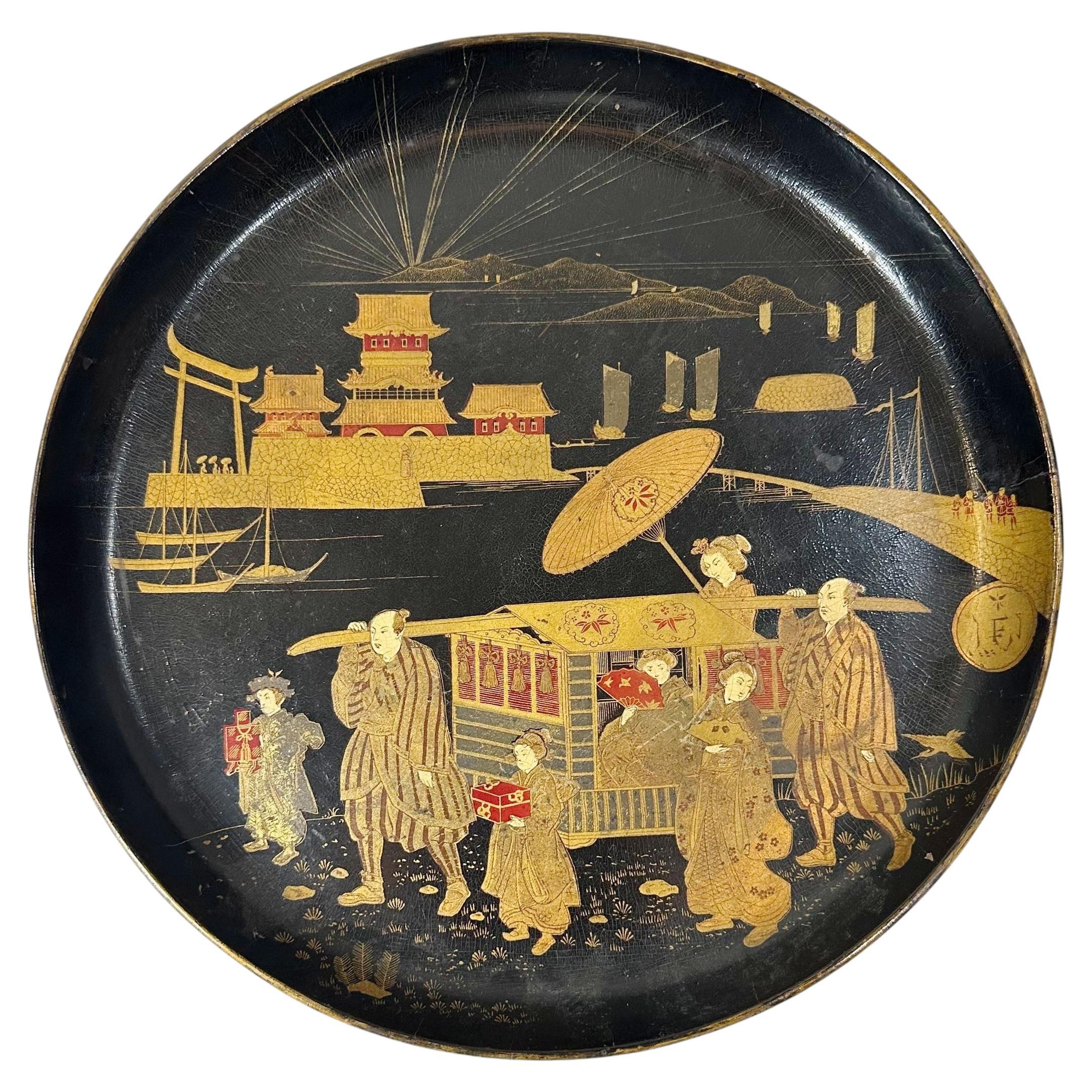 Japanese Papier-Mâché Dish with Courtesan and Attendants